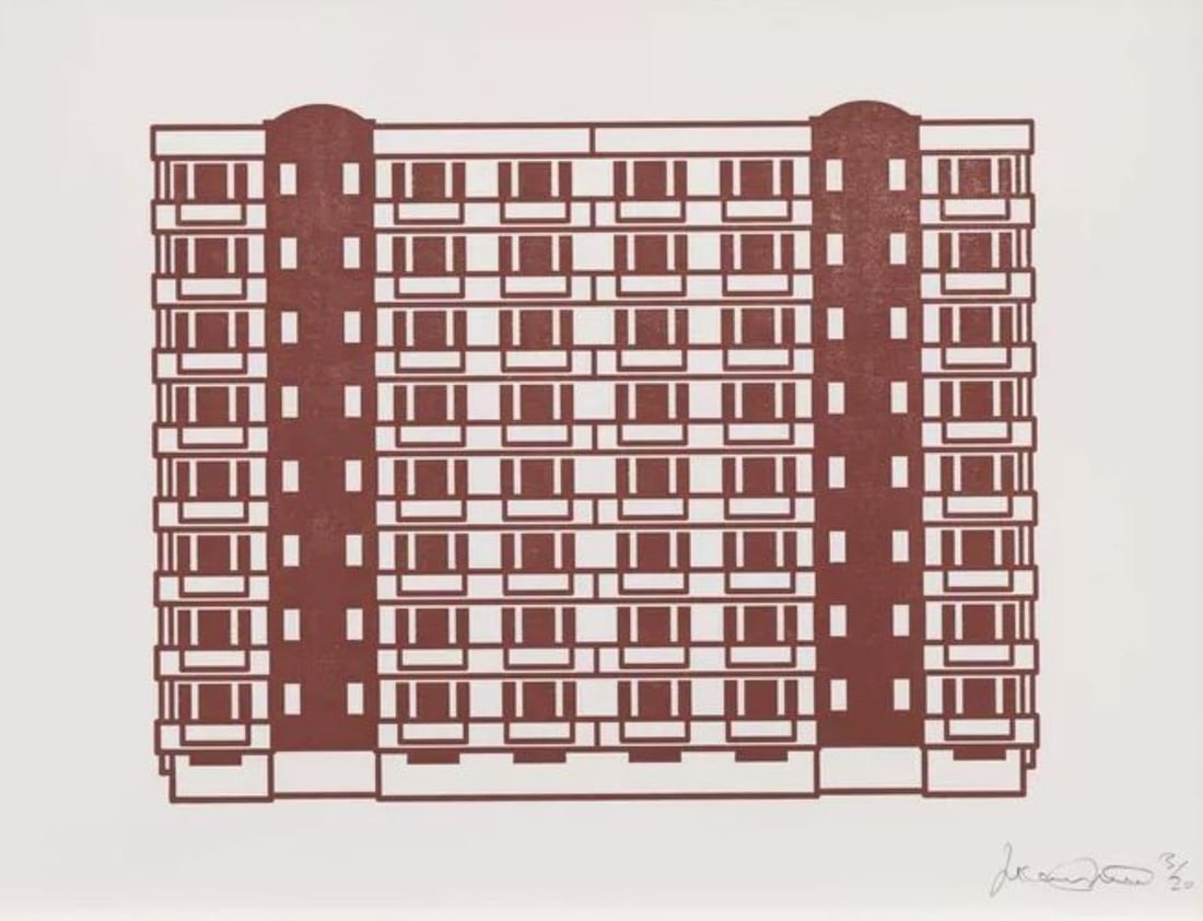Julian Opie - Apartment 5: Artist: Julian OpieTitle: Apartment 5Year: 2021Dimensions: 15in. by 20in.Edition: From the rare limited edition of 20Suite: ApartmentMedium: Woodcut on paperCondition: ExcellentSignature Details: