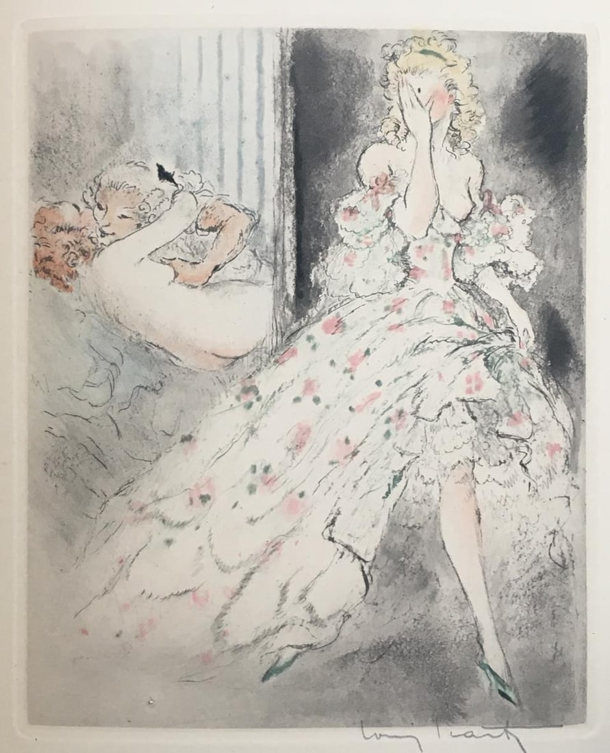 Louis Icart - Sneak a Peak: Artist: Louis IcartTitle: Sneak a PeakYear: 1947Dimensions: 11in. by 8.5in.Edition: From the rare limited edition of 500Publisher: Georges Guillot Editeur: ParisSuite: Felecia ou Mes FredainesMedium: