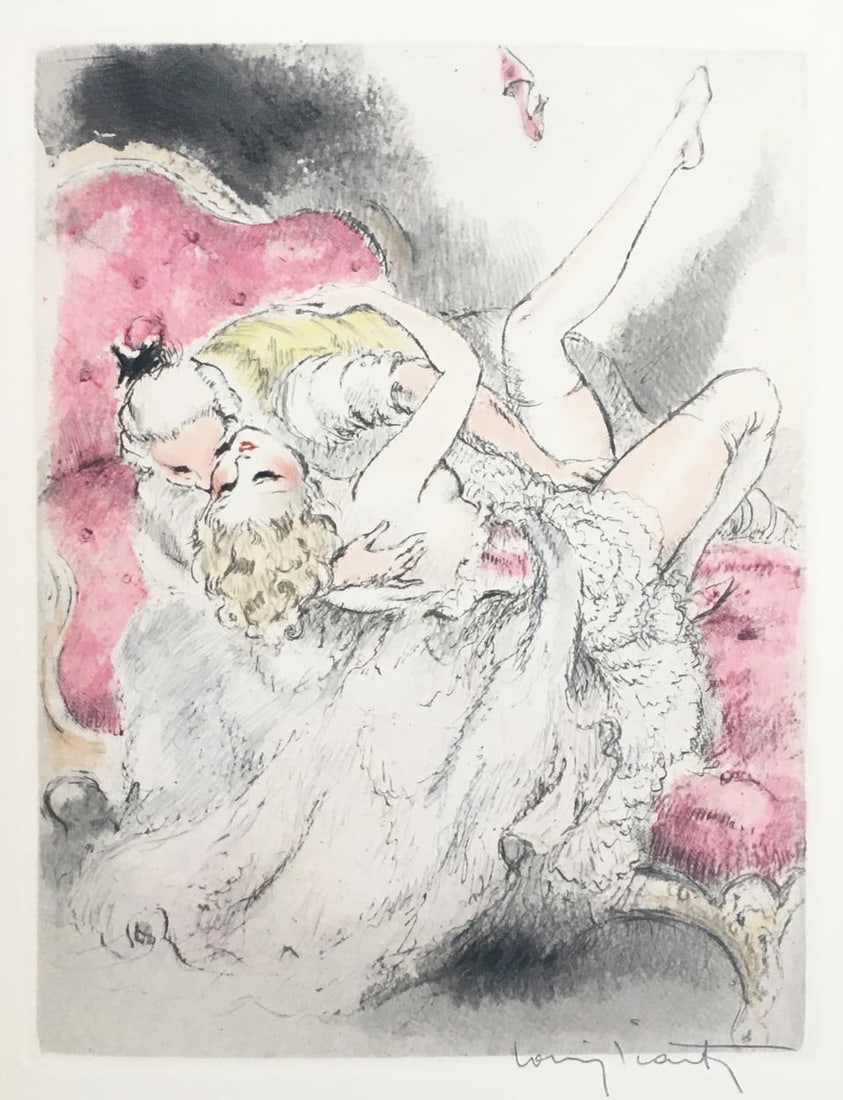Louis Icart - Over Backwards: Artist: Louis Icart Title: Over Backwards Year: 1947 Dimensions: 11in. by 8.5in. Edition: From the rare limited edition of 500 Publisher: Georges Guillot Editeu