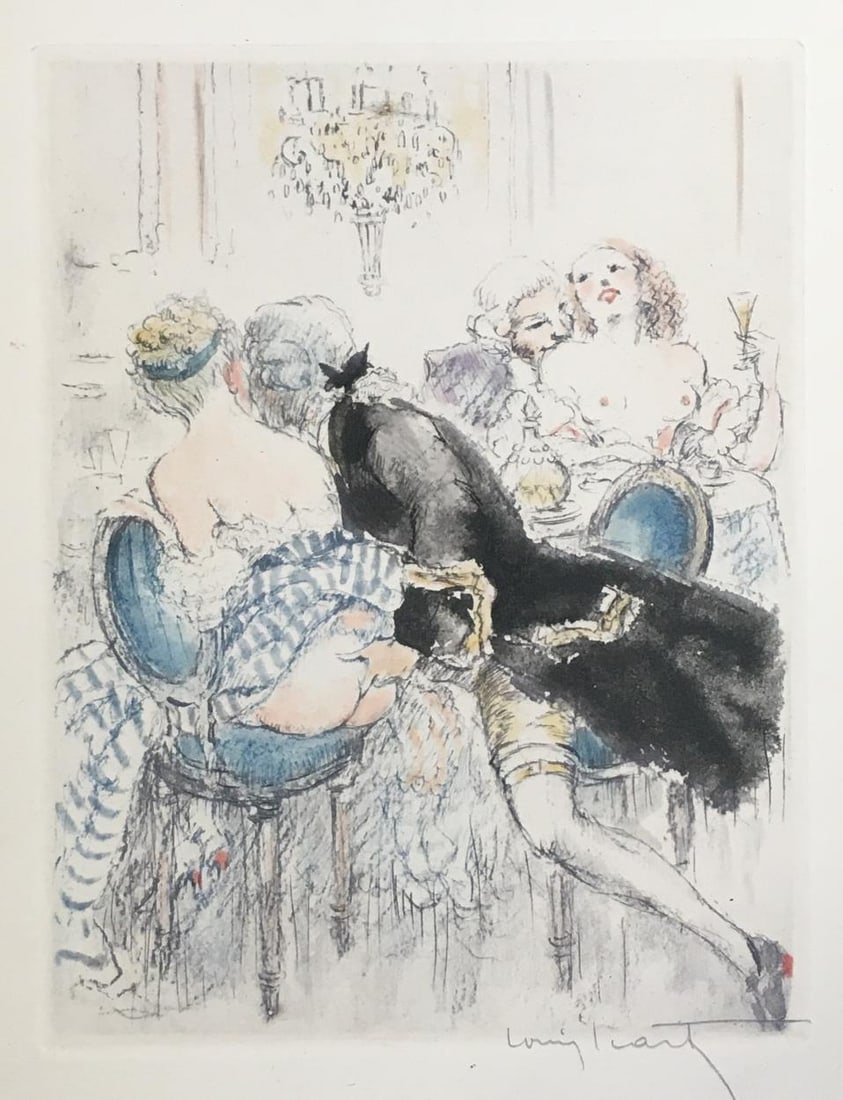 Louis Icart - Original Etching from Felicia ou Mes Fredaines: Artist: Louis IcartTitle: Original Etching from Felicia ou Mes FredainesYear: 1947Dimensions: 11in. by 8.5in.Edition: From the rare limited edition of 500Publisher: Georges Guillot Editeur: