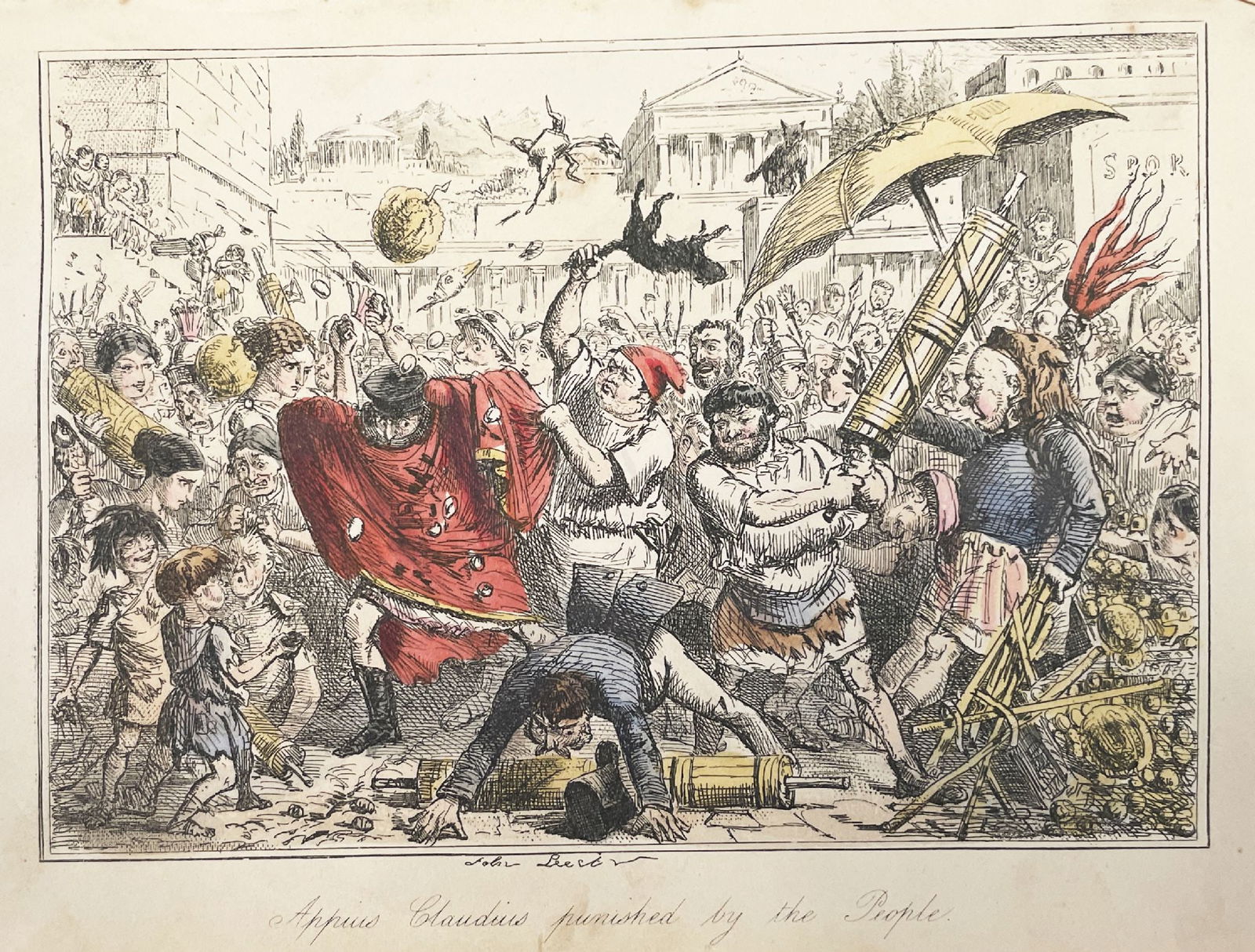 John Leech - Appius Claudius Punished by the People: Artist: John LeechTitle: Appius Claudius Punished by the PeopleYear: 1730Dimensions: 8 1/2 x 5 1/2 in.Edition: From the rare limited editionMedium: Original Engraving with Hand Coloring on