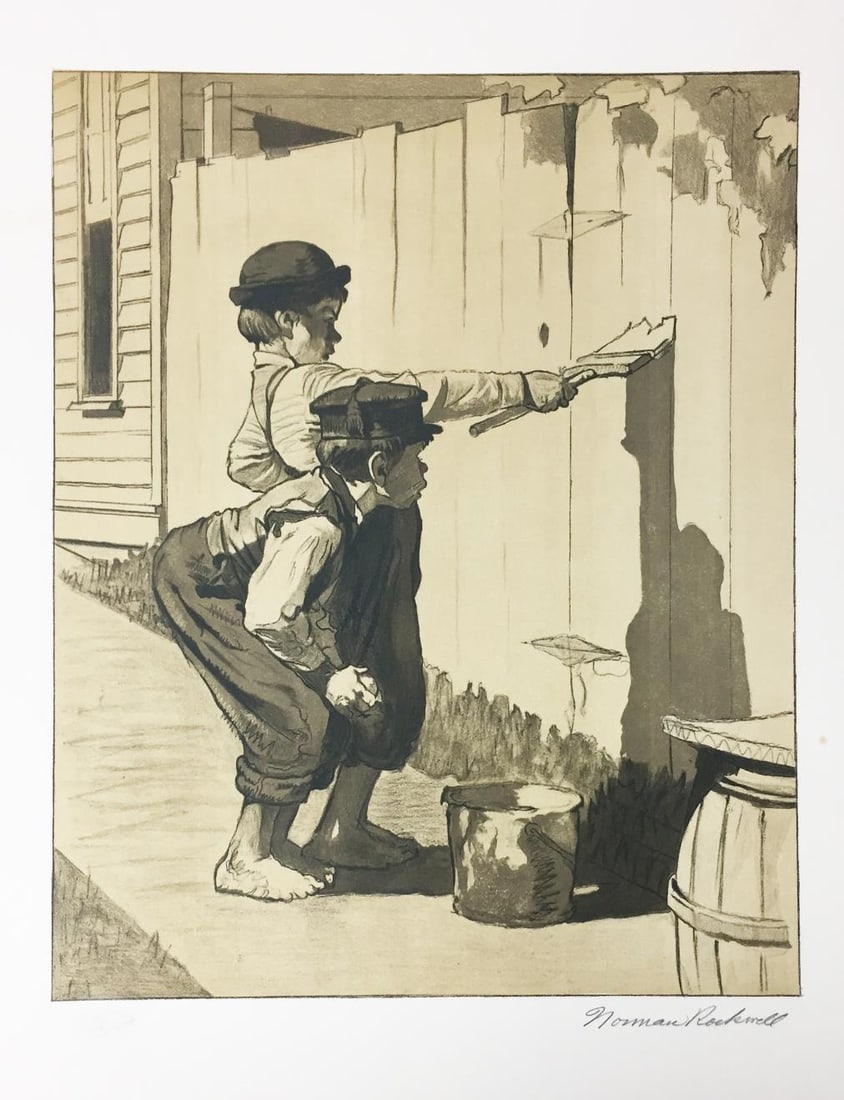 Norman Rockwell - Whitewashing the Fence: Artist: Norman Rockwell Title: Whitewashing the Fence Year: 1970 Dimensions: 25.5in. by 20in. Edition: From the rare limited artist proof edition of 200 Publisher:<