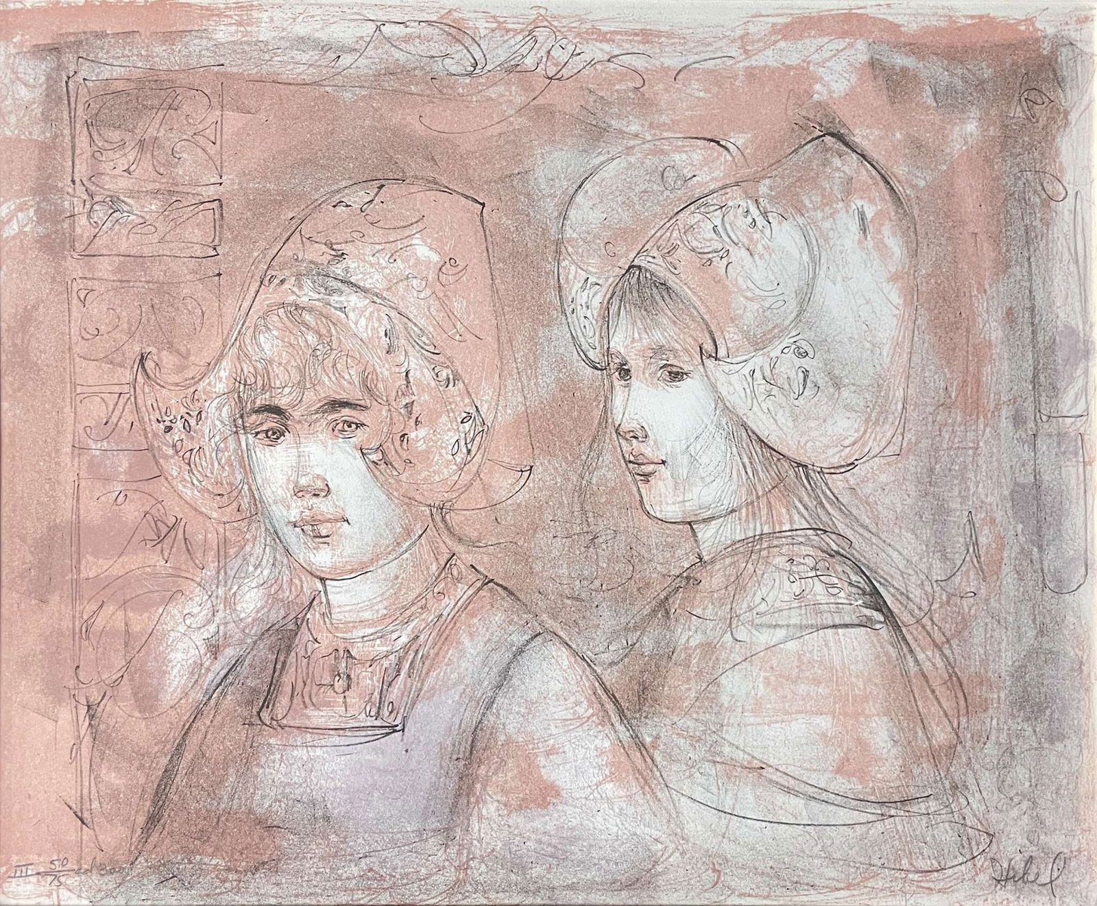 Edna Hibel - Portrait of Two Young Women: Artist: Edna HibelTitle: Portrait of Two Young WomenDimensions: 13 1/2 x 17 1/2 in.Edition: From the limited edition of 75Medium: Original Lithograph in colors on paperCondition: ExcellentSignature