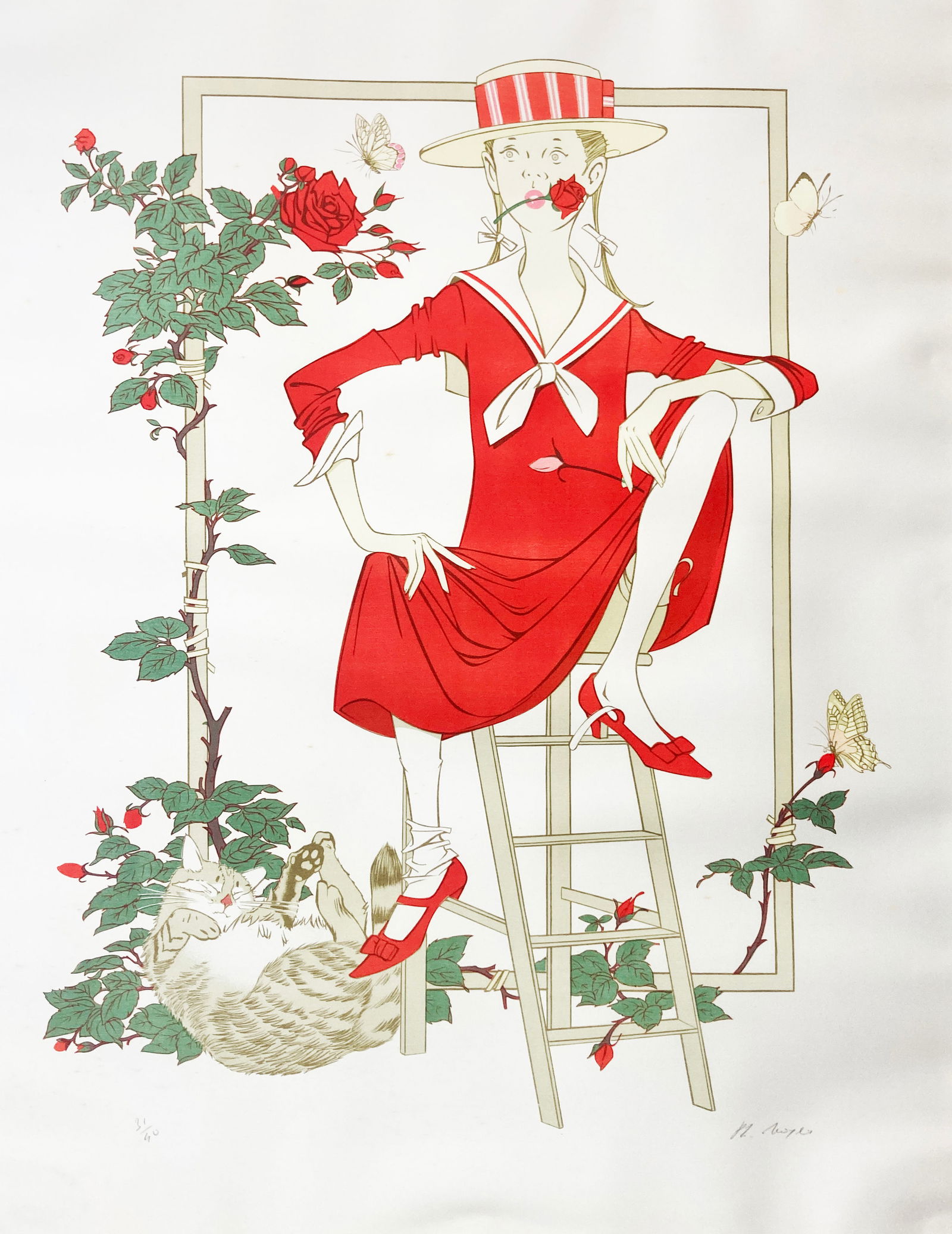 Girl with Roses: Artist: Girl with RosesTitle: Girl with RosesDimensions: 34 x 24 1/2 in.Edition: From the rare limited edition of 50Medium: Original Serigraph in colors on vinylCondition: ExcellentSignature Details: