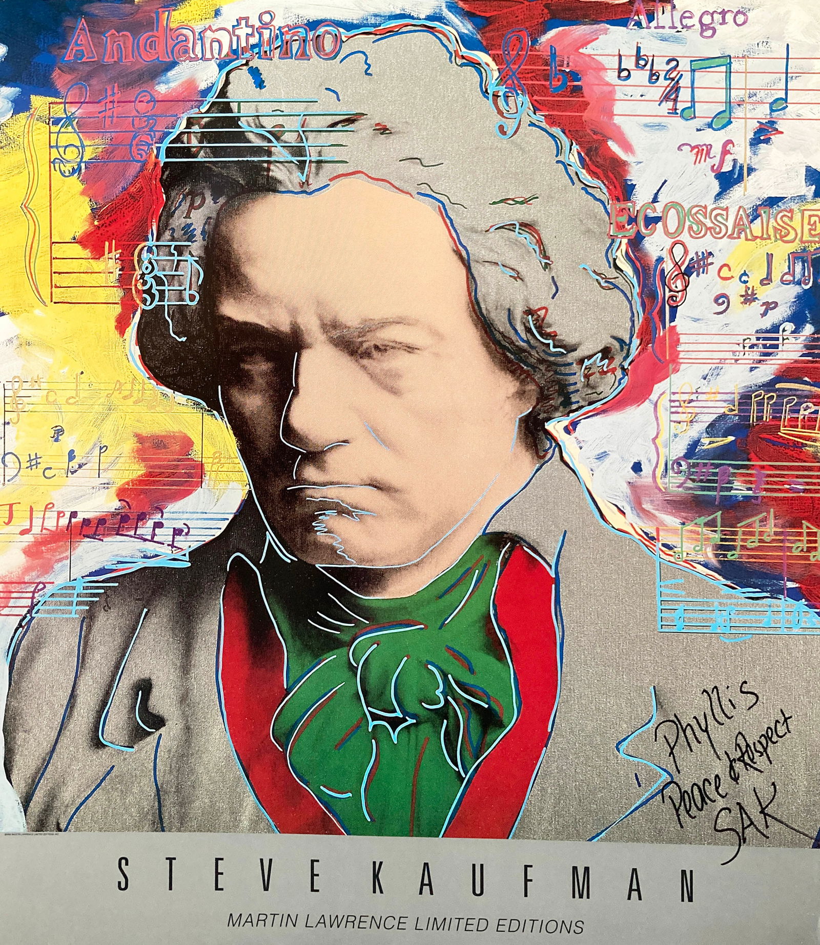 Steve Kaufman - Beethoven: Artist: Steve KaufmanTitle: BeethovenDimensions: 26 1/4 x 29 3/4 in.Edition: From the rare limited editionPublisher: Martin Lawrence Limited EditionsMedium: Offset Lithograph PosterCondition: