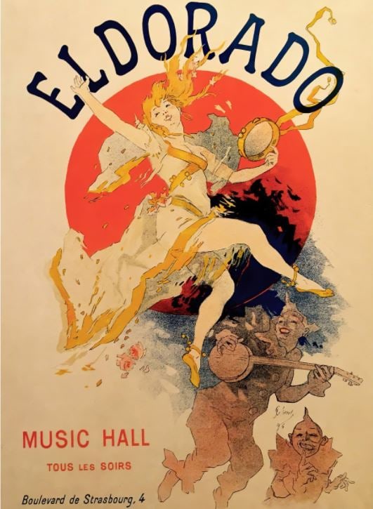 Jules Cheret - Eldorado Music Hall: Artist: Jules Cheret Title: Eldorado Music Hall Year: 1992 Dimensions: 26 x 15 1/2 in. Edition: From the rare limited edition Medium: Lithograph on Canvas