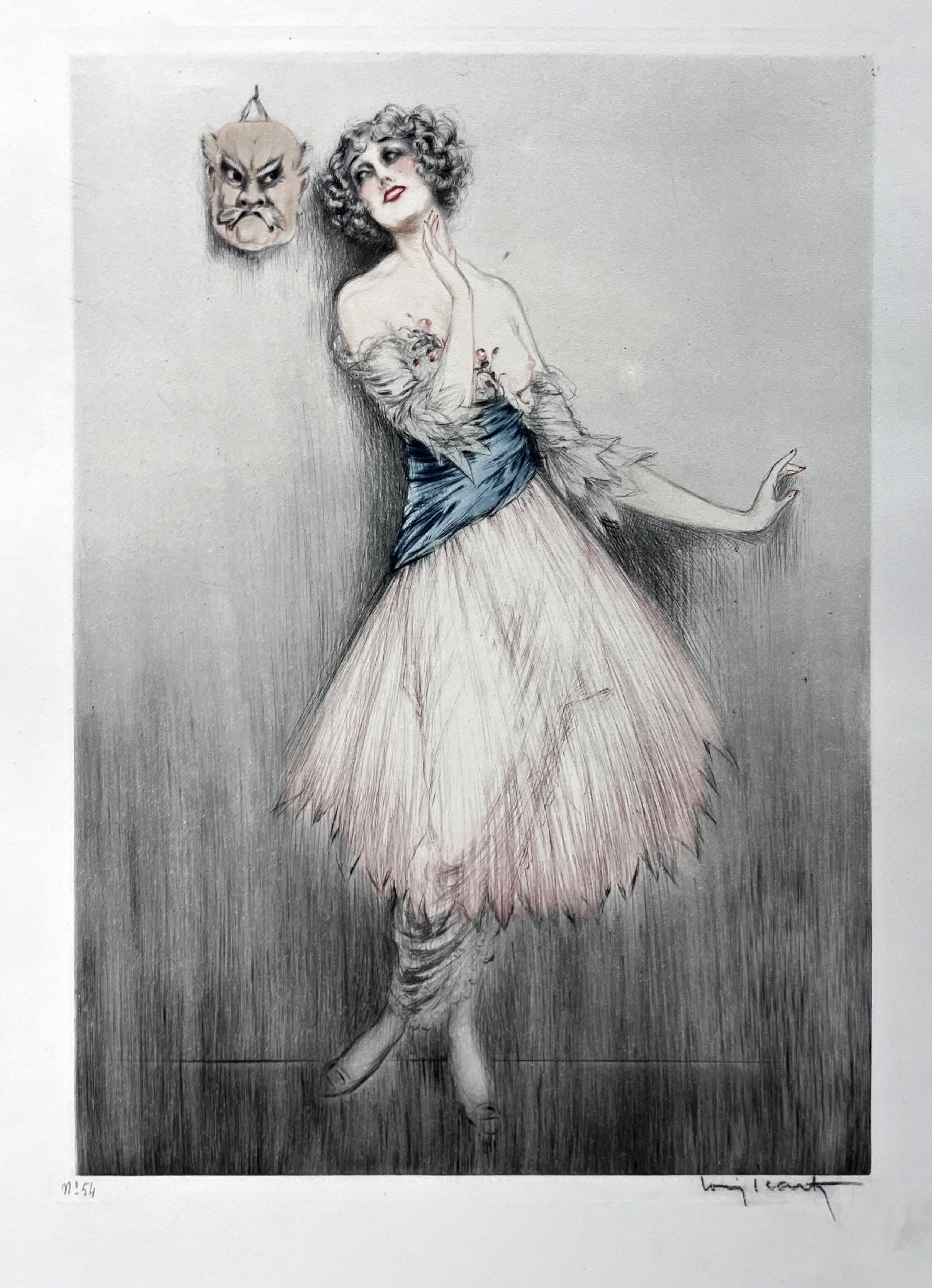 Louis Icart - Chinese Mask: Artist: Louis IcartTitle: Chinese MaskDimensions: 17 1/4 x 25 1/4 in.Edition: From the rare limited editionMedium: Original etching on paperCondition: ExcellentSignature Details: Hand signed in