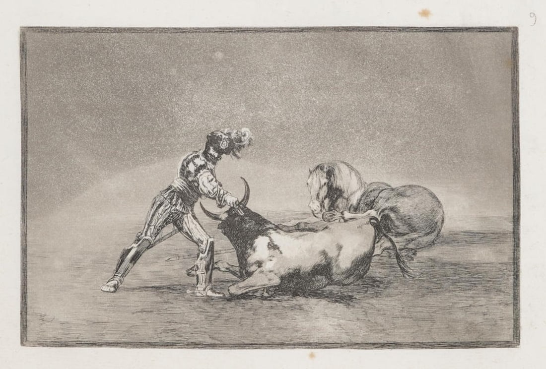 Francisco Goya- Plate 9: Artist: Francisco GoyaTitle: Plate 9Year: 1816Dimensions:17 in. by 12 in.Edition: From the limited editionSuite: La TauromaquiaMedium: Etchings burnished aquatints drypoint and engraving on various