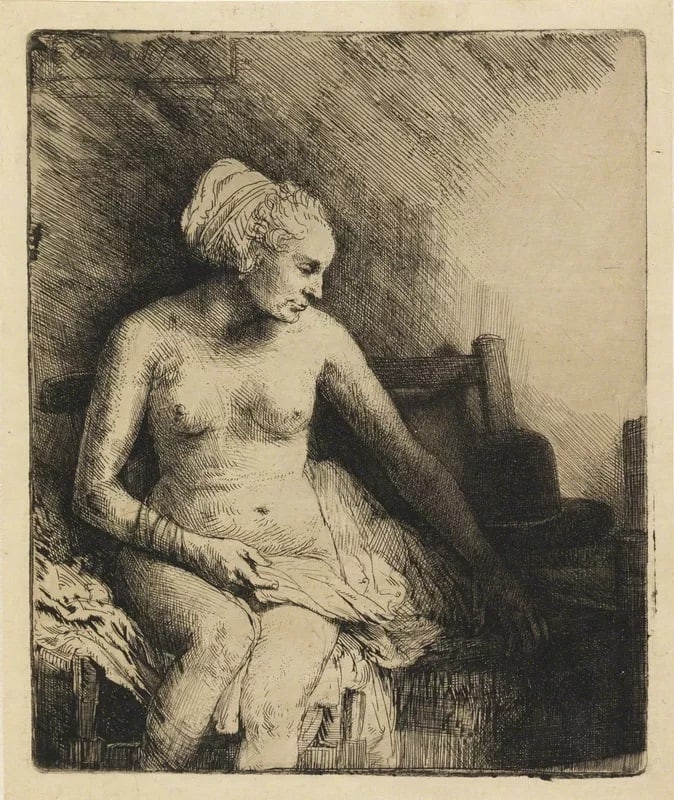 Rembrandt van Rijn - Woman at the Bath with a Hat Beside Her: Artist: Rembrandt van RijnTitle: Woman at the Bath with a Hat Beside HerYear: 1880Dimensions: 6 1/4in. by 5 1/16in.Edition: From the rare limited editionMedium: Original heliogravure on