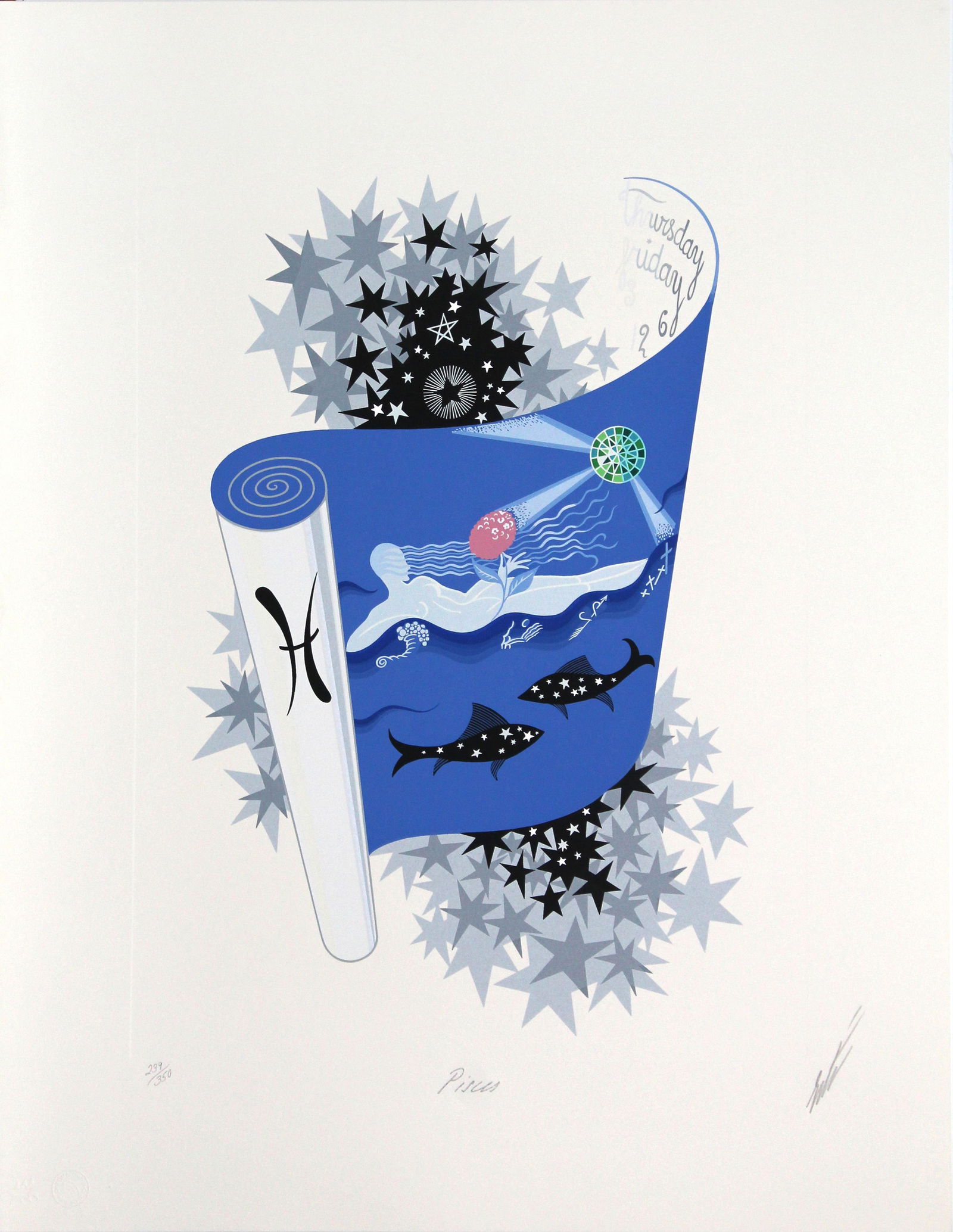 Erte - Pisces: Artist: ErteTitle: PiscesYear: 1982Dimensions: 25 1/2 x 20 in.Edition: From the limited edition of 350Publisher: Chromacomp, IncSuite: The ZodiacMedium: Serigraph on paperCondition: