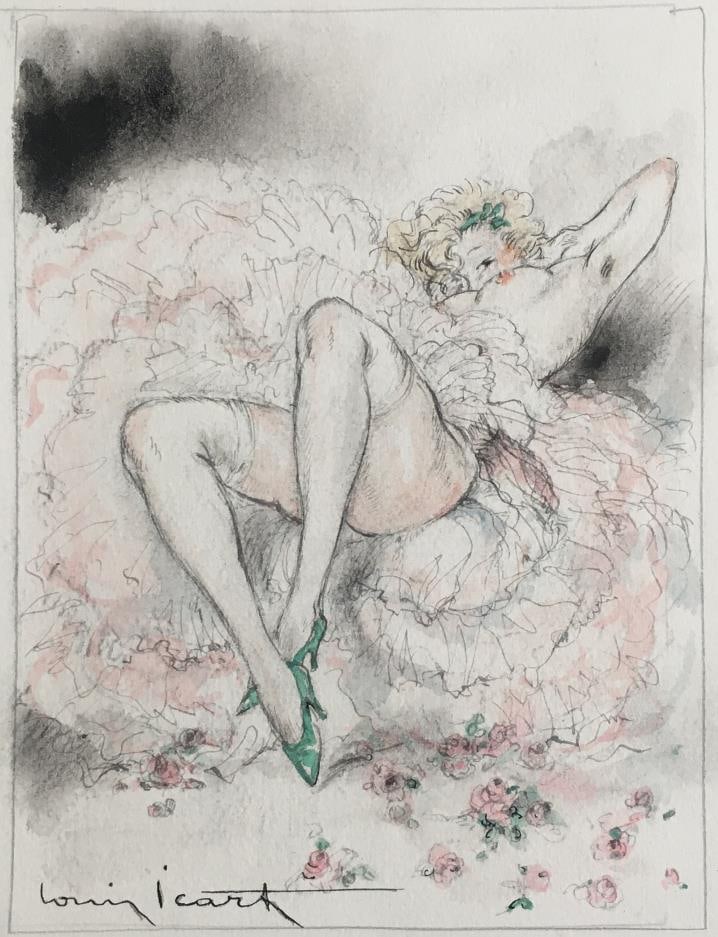 Louis Icart - Felecia in Pink Original Watercolor: Artist: Louis IcartTitle: Felecia in Pink Original WatercolorYear: 1947Dimensions: 11in. by 8.5in.Edition: Unique One of a Kind ArtworkSuite: Felecia ou Mes FredainesMedium: Original Watercolor on