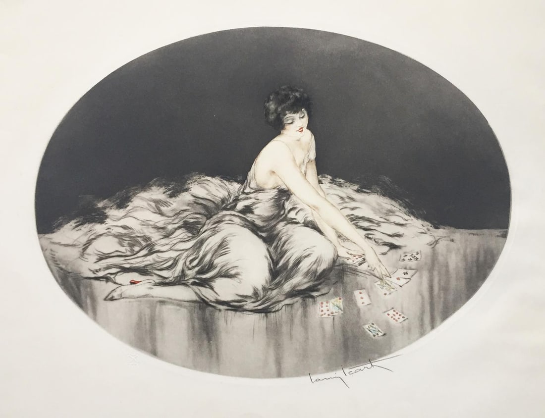 Louis Icart - Solitaire: Artist: Louis Icart Title: SolitaireYear: 1926Dimensions: 19 1/2in. by 25 1/2in.Edition: From the Rare Limited EditionMedium: Original etching with aquatint on paperCondition: ExcellentSignature