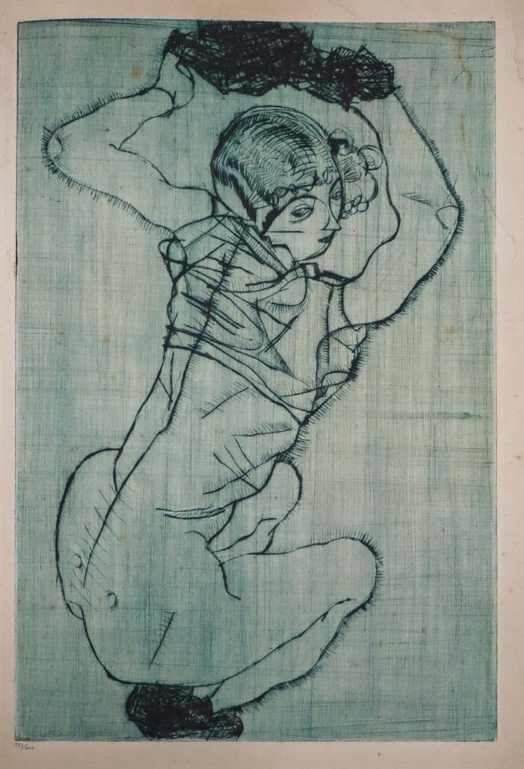 Egon Schiele (After) - Knieendes Madchen: Artist: Egon Schiele (After)Title: Knieendes MadchenYear: 1908Dimensions: 19in. by 12.5in.Edition: From the Rare Limited Edition of 600Medium: Original Lithograph in Colors on PaperCondition: