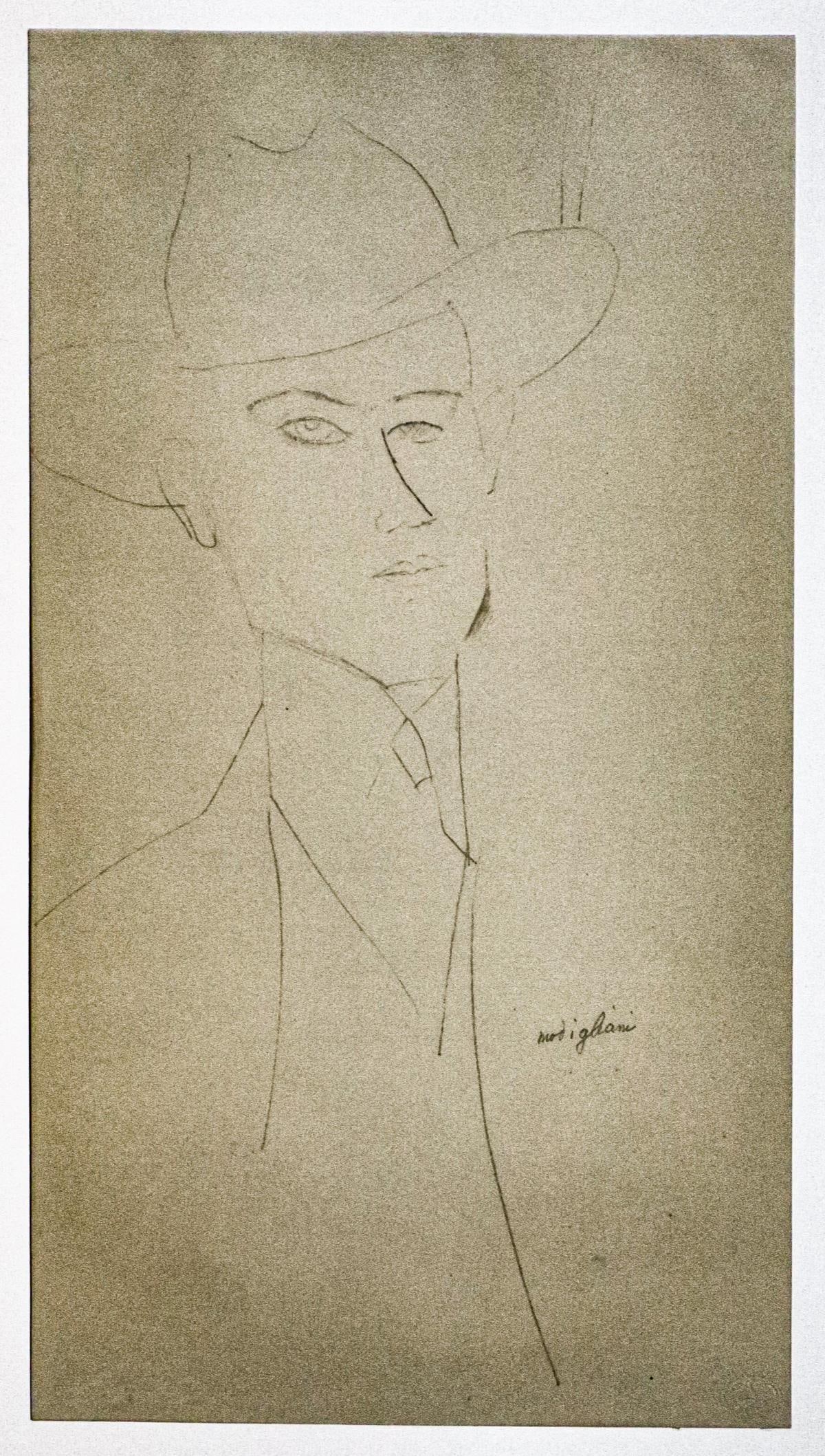 Amedeo Modigliani - Untitled Portrait of a Man Wearing(After): Artist: Amedeo Modigliani Title: Untitled Portrait of a Man Wearing a Hat and Jacket Year: 1959 Dimensions: 22.25in. by 17.75in. Edition: From the rare limited edition 750
