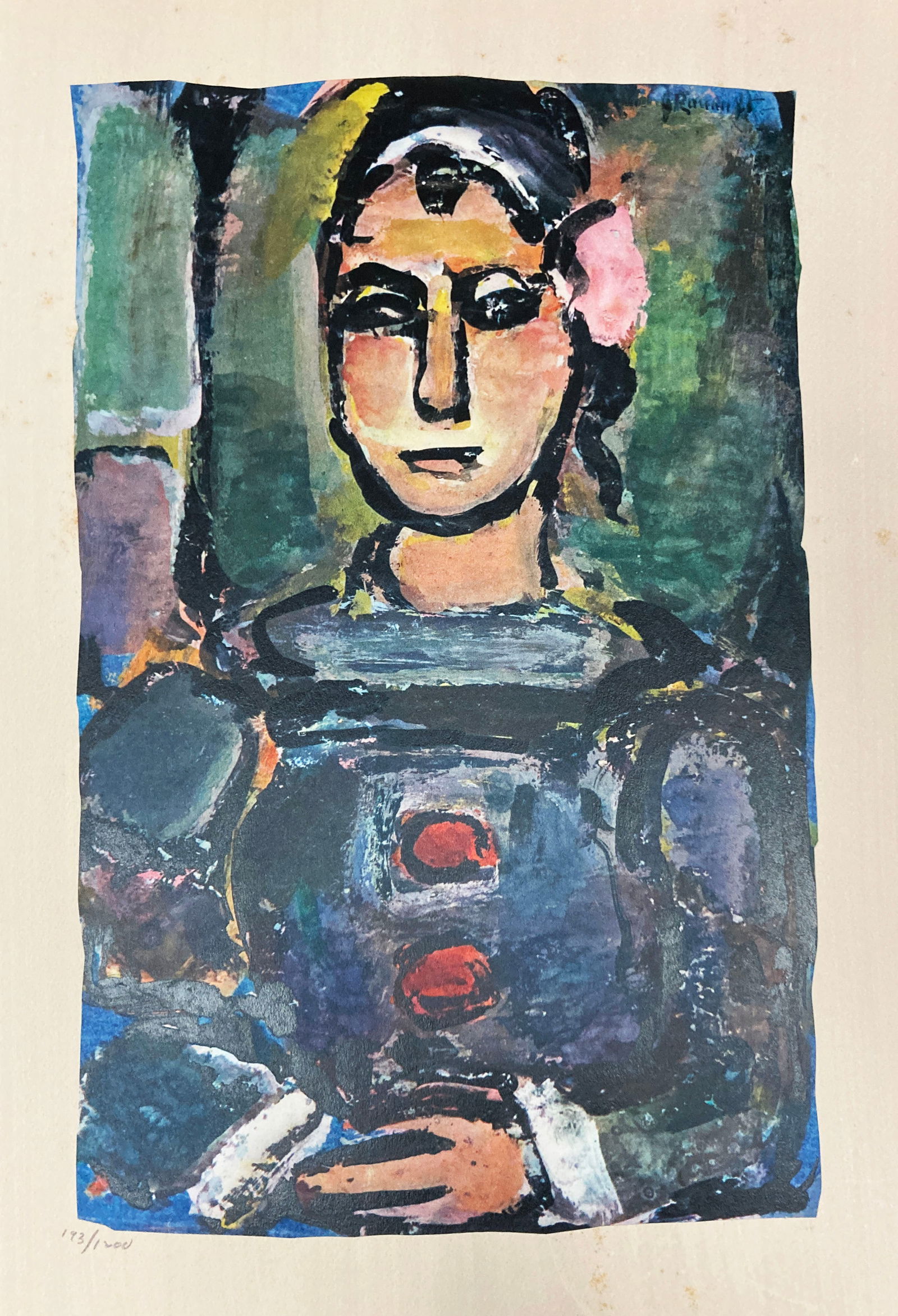 Georges Rouault - Pierrol Noir: Artist: Georges RouaultTitle: Pierrol NoirYear: 1943Dimensions: 17 x 12 1/2 in.Edition: From the rare limited edition of 1200Publisher: Revue VerveSuite: DivertissementMedium: Lithograph on arches