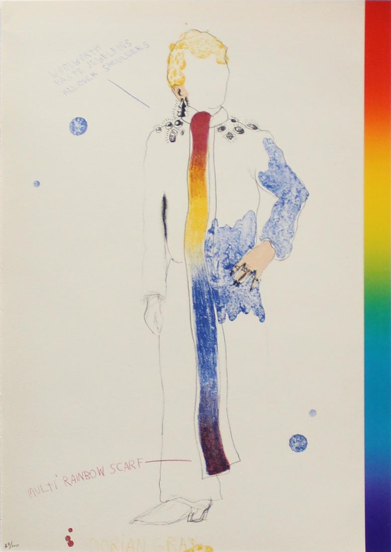 Jim Dine - Dorian Gray in Multi Rainbow Scarf: Artist: Jim DineTitle: Dorian Gray in Multi Rainbow ScarfYear: 1968Dimensions: 18in. by 12.75in.Edition: from the limited edition of 200 Publisher: Petersburg Press LondonSuite: The Picture of Dorian