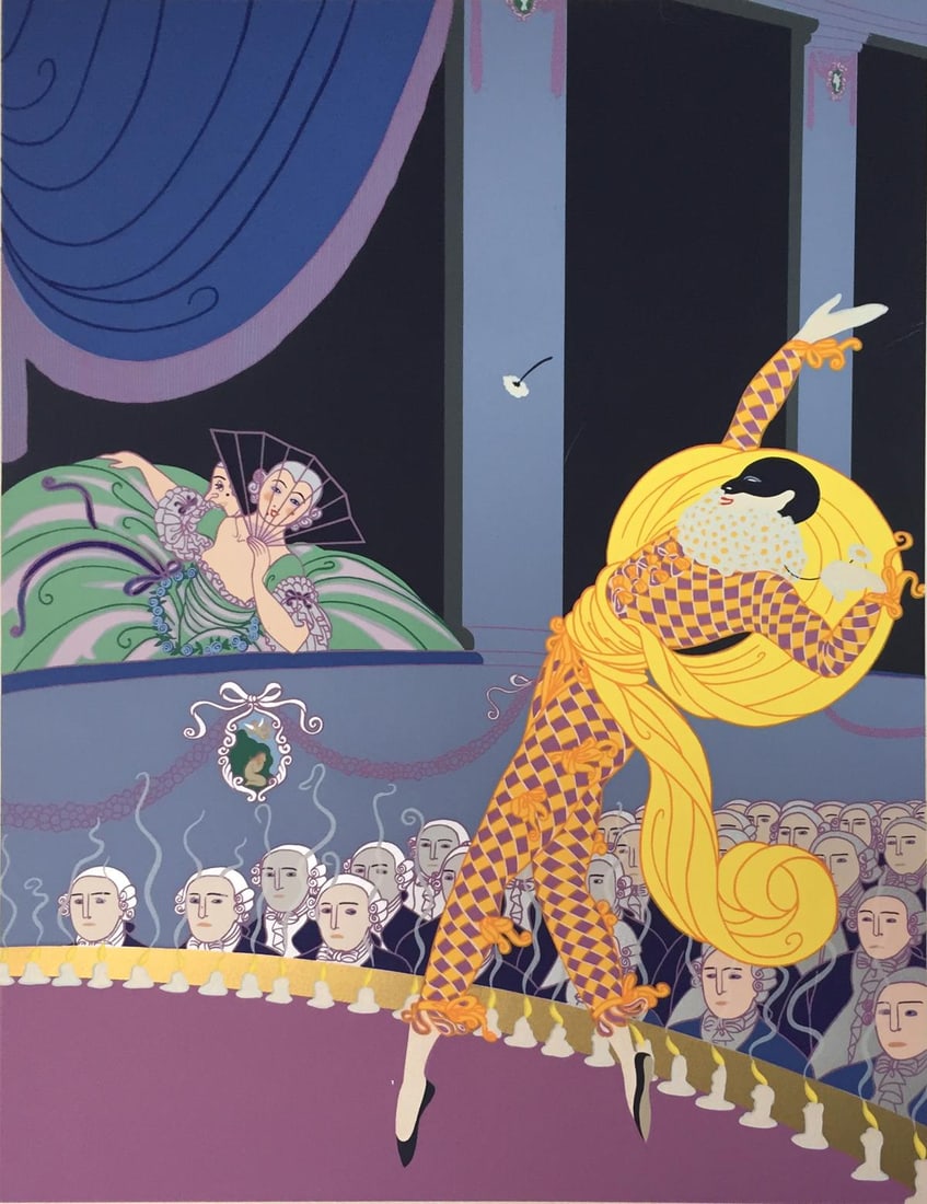 Erte - Harlequin: Artist: ErteTitle: HarlequinYear: 1982Dimensions: 24in. by 31 1/2in.Edition: From the Rare Limited Edition of 300Medium: Original Serigraph in Colors on PaperCondition: ExcellentSignature Details:
