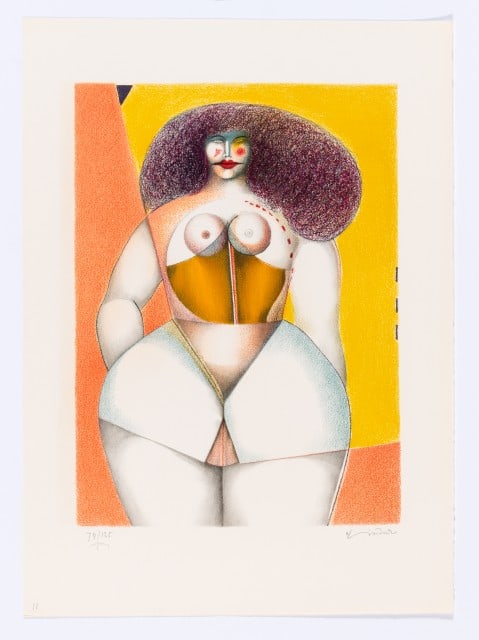 Richard Lindner - Woman on yellow background: Artist: Richard Lindner Title: Woman on yellow background Year: 1975 Dimensions: 28 1/4in. by 20 3/8in. Edition: Numbered from the Rare Limited Edition of 125 Publi