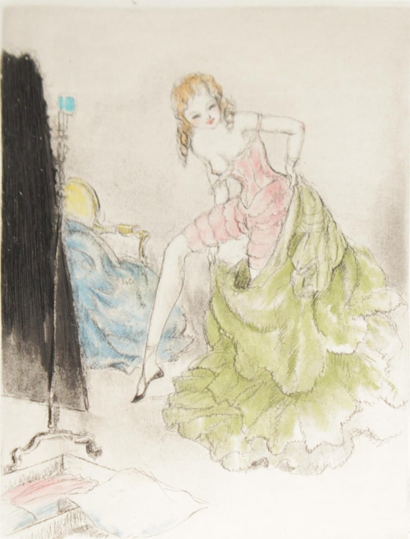 Louis Icart - Undressing: Artist: Louis IcartTitle: UndressingYear: 1938Dimensions: 9.5in. by 7.25in.Edition: From the rare limited editionSuite: La Dame aux CameliasMedium: Original copperplate etching on paperCondition: