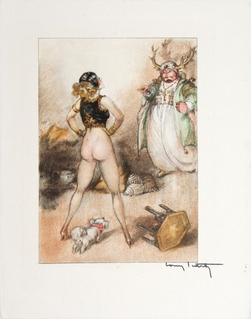 Louis Icart - Sultan's Surprise: Artist: Louis Icart Title: Sultan's Surprise Year: 1935 Dimensions: 7 3/8in. by 9 1/4in. Edition: From the rare limited edition of 497 Publisher: Claude Prosper