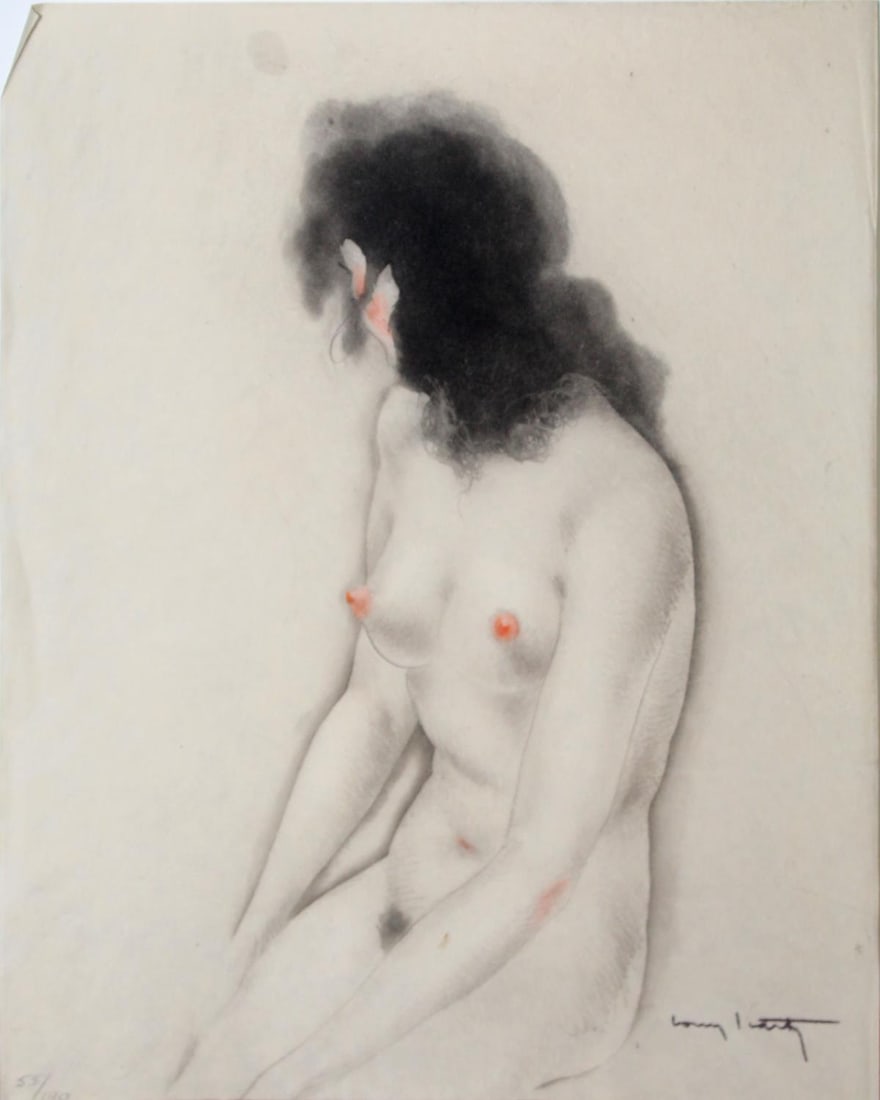 Louis Icart - Pear Breasts: Artist: Louis IcartTitle: Pear BreastsYear: 1945Dimensions: 11in. by 9in.Edition: From the rare limited edition of 190Suite: La Vie des SeinsMedium: Original lithograph with hand coloring on