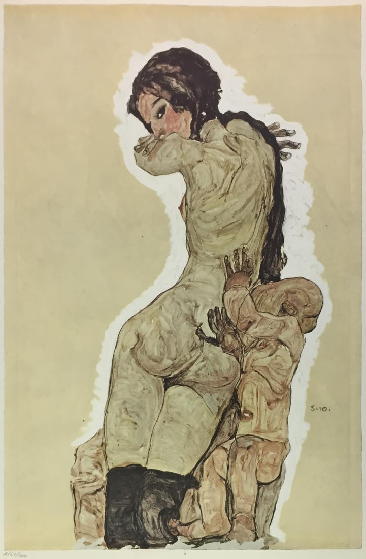 Egon Schiele (After) - Mother and Child: Artist: Egon Schiele (After)Title: Mother and ChildYear: 1969Dimensions: 19 3/4in. by 14 1/4in.Edition: From the Rare Limited Edition of 300Publisher: Harry N. Abrams Inc.Suite: Watercolours and