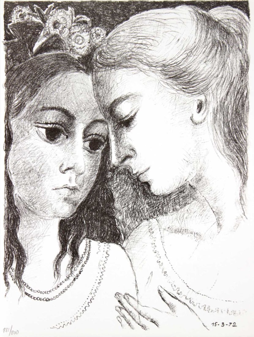 Paul Delvaux - Confidences: Artist: Paul Delvaux Title: Confidences Year: 1972 Dimensions: 12.75in. by 10in. Edition: From the rare limited edition of 800 Suite: Souvenirs de Portraits d'Artistes. Jac