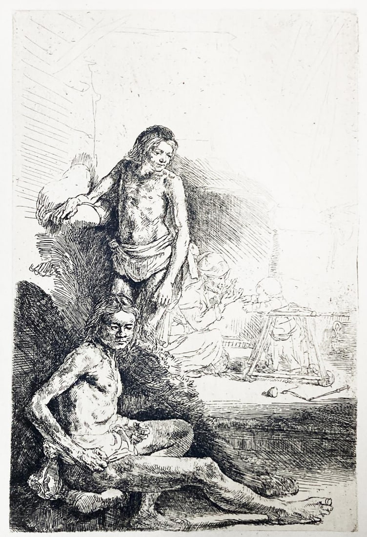 Rembrandt van Rijn (After 1883) - Nude Man Seated and Another Man Standing with A Woman and Baby: Artist: Rembrandt van Rijn (After 1883)Title: Nude Man Seated and Another Man Standing with A Woman and BabyYear: 1883Dimensions: 8.5in. by 6in.Edition: From the rare limited editionSuite: LOeuvre