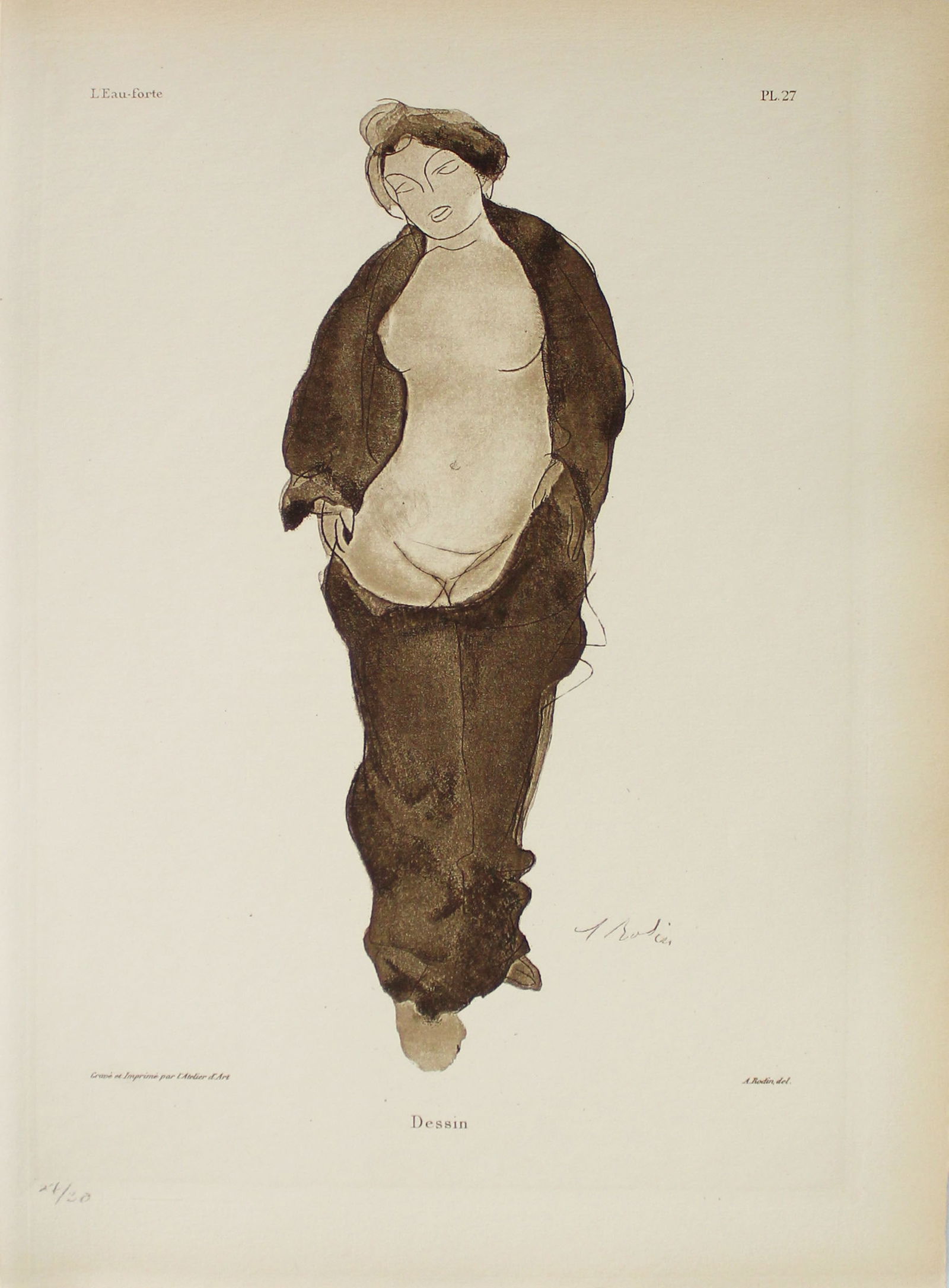 Auguste Rodin - Dessin: Artist: Auguste RodinTitle: DessinYear: c. 1903Dimensions: 9 x 12 in.Edition: From the Rare Limited Edition of 30Publisher: Floury, ParisSuite: L'Eau-ForteMedium: Etching on VellumCondition: