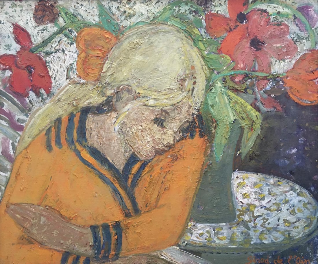 Helene Girod DeL'ain - Liseuse Aux Tulipes: Artist: Helene Girod DeL'ainTitle: Liseuse Aux TulipesDimensions: 18in. by 15in.Edition: A unique and original work of artMedium: Original oil on canvasCondition: ExcellentSignature Details: Hand