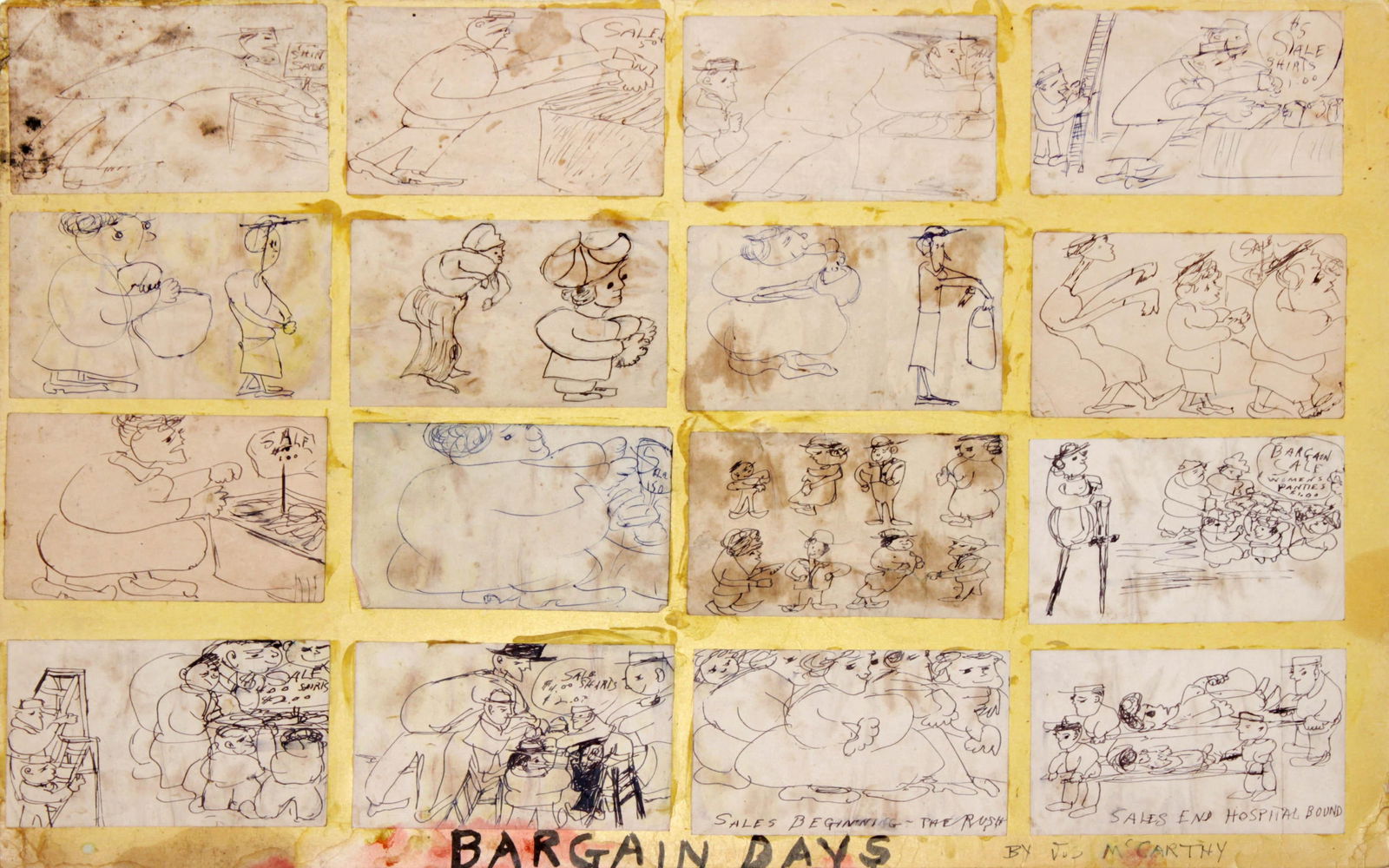 Justin McCarthy - Bargain Days: Artist: Justin McCarthyTitle: Bargain DaysDimensions: 14in. by 22in.Edition: A unique and original work of artMedium: Original mixed media painting on paperSignature Details: Hand signed by the