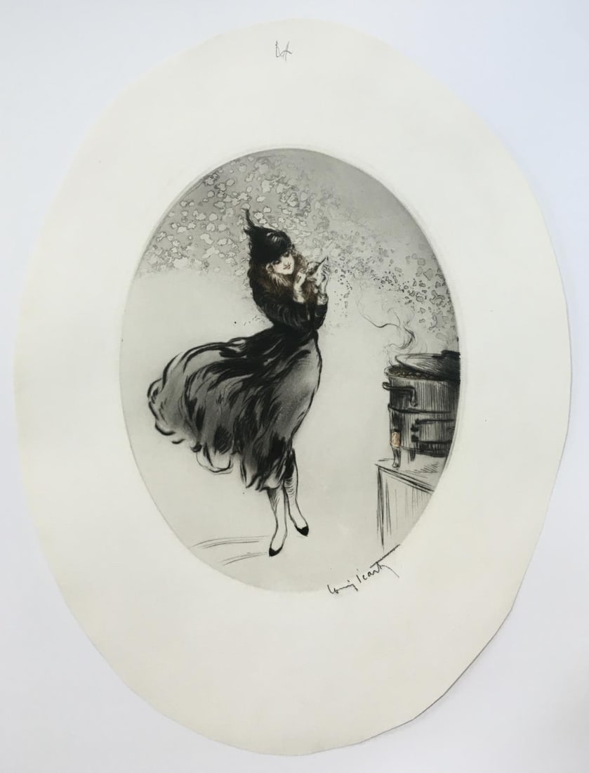 Louis Icart - Winter (Chestnuts): Artist: Louis IcartTitle: Winter (Chestnuts)Year: 1922Dimensions: 9 3/8in. by 7 1/4in.Edition: from the rare limited editionPublisher: Les Graveurs Modernes ParisMedium: Original etching with