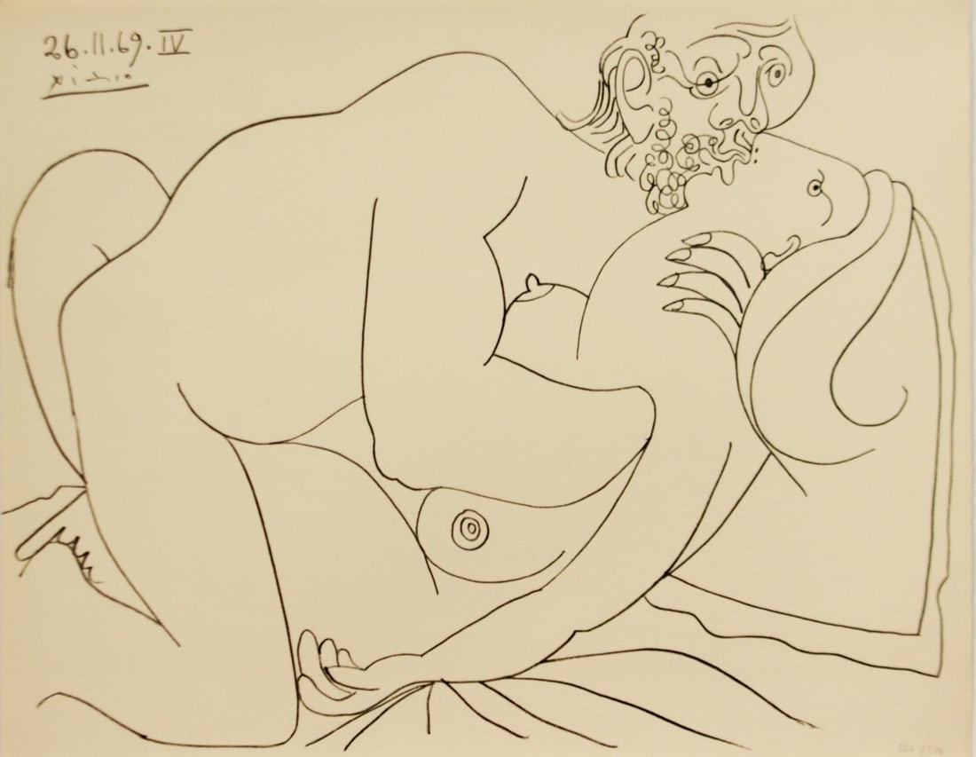 Pablo Picasso - 26 11 69 IV: Artist: Pablo PicassoTitle: 26 11 69 IVYear: 1969Dimensions: 16in. by 20in.Edition: From the Rare Limited Edition of 300Publisher: Le Vent d ArlesSuite: Au Baiser D AvignonMedium: