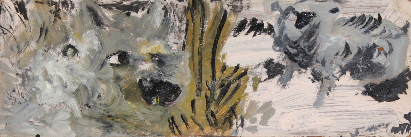 Justin McCarthy - Wolf and Sheep: Artist: Justin McCarthyTitle: Wolf and SheepDimensions: 8in. by 23.75in.Edition: A unique and original work of artMedium: Original oil on woodSignature Details: Hand signed by the artistComes with