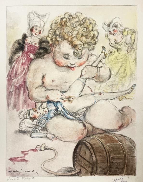 Louis Icart - Baby Giant from Gargantua et Pantagruel: Artist: Louis IcartTitle: Baby Giant from Gargantua et PantagruelYear: 1936Dimensions: 7.25in. by 9.5in.Edition: Rare one-of-a-kind work of artMedium: Original watercolor and pencil on