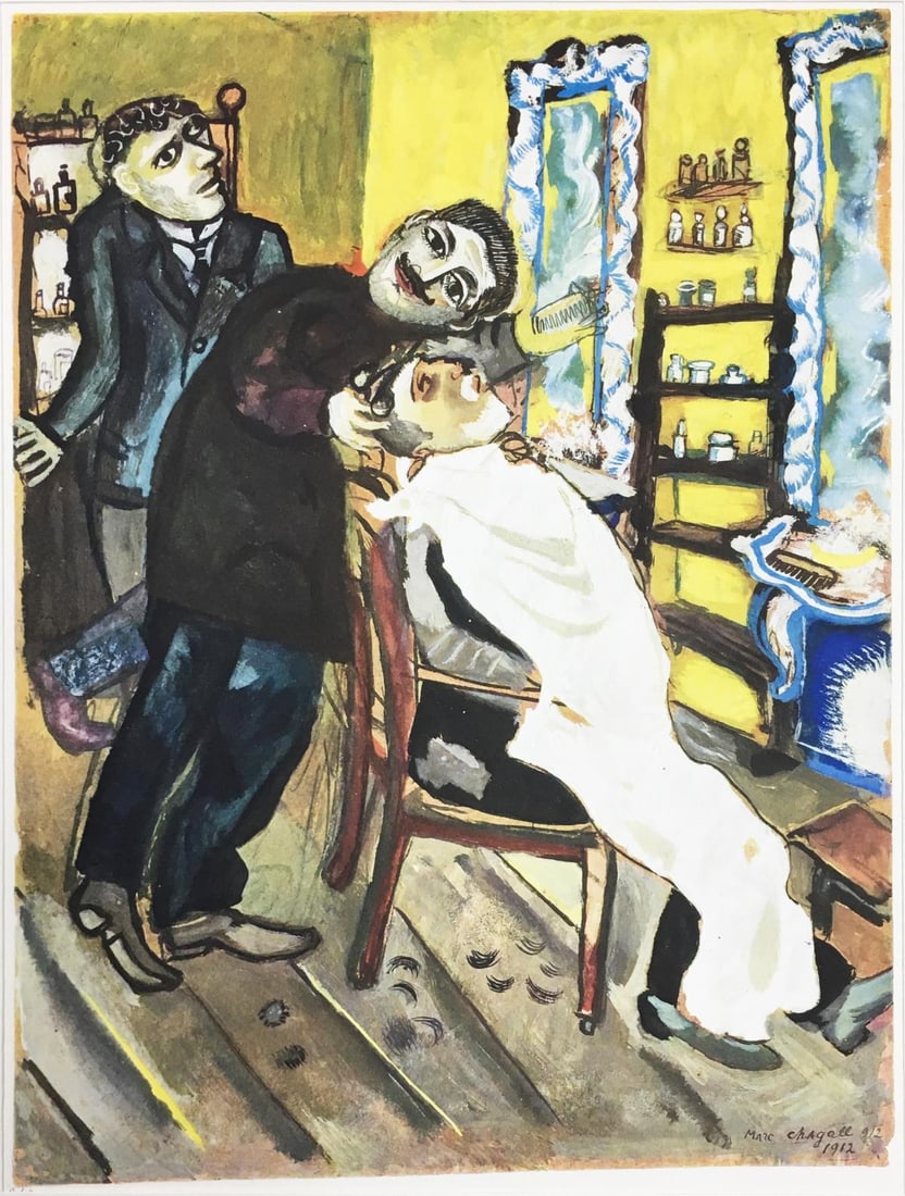 Marc Chagall - In der Barbierstube (In the Barber Shop) (After): Artist: Marc ChagallTitle: In der Barbierstube (In the Barber Shop)Year: 1958Dimensions: 14 3/4in. by 19 3/4in.Edition: Numbered from the Rare Limited Artist Proof EditionPublisher: Phoebus Verlag