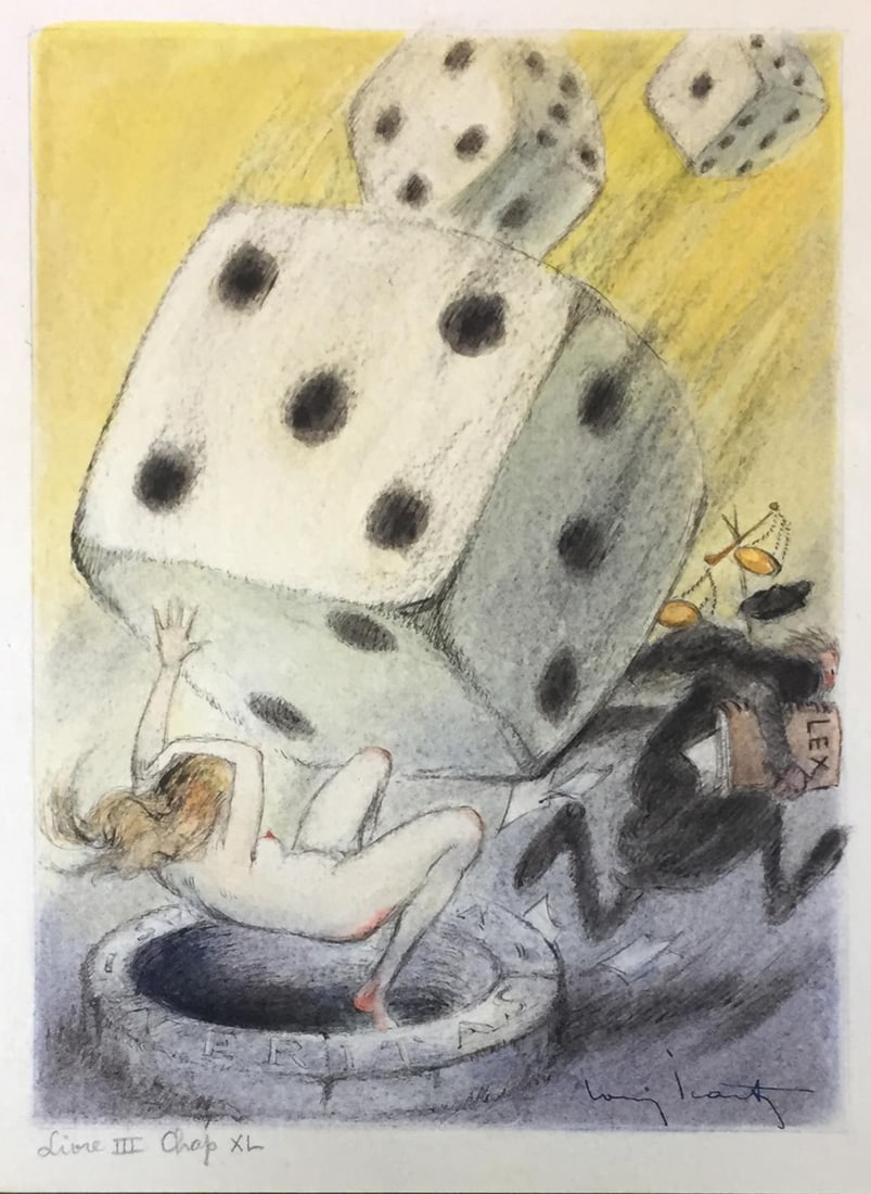 Louis Icart - Original watercolor Livre III Chapter XL: Artist: Louis IcartTitle: Livre III Chapter XLYear: 1936Dimensions: 9.5in. by 7.5in.Edition: A unique original work of artSuite: Gargantua et PantagruelMedium: Original watercolor maquetteCondition: