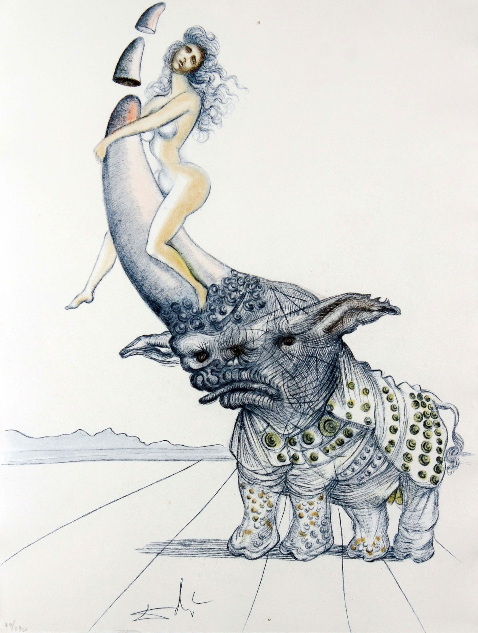 Salvador Dali - Girl on Rhinoceros Horn: Artist: Salvador DaliTitle: Girl on Rhinoceros HornYear: 1967Dimensions: 14 3/4 x 11 in.Edition: From the limited edition of 390Publisher: Au Cercle du livre precieux, ParisSuite: CasanovaMedium: