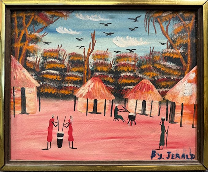 Jerald - Huts II: Artist: JeraldTitle: Huts IIDimensions: 17 x 14 in.Edition: one of a kind pieceMedium: Original oil paintingCondition: ExcellentSignature Details: Hand signed in paintComes with Letter of