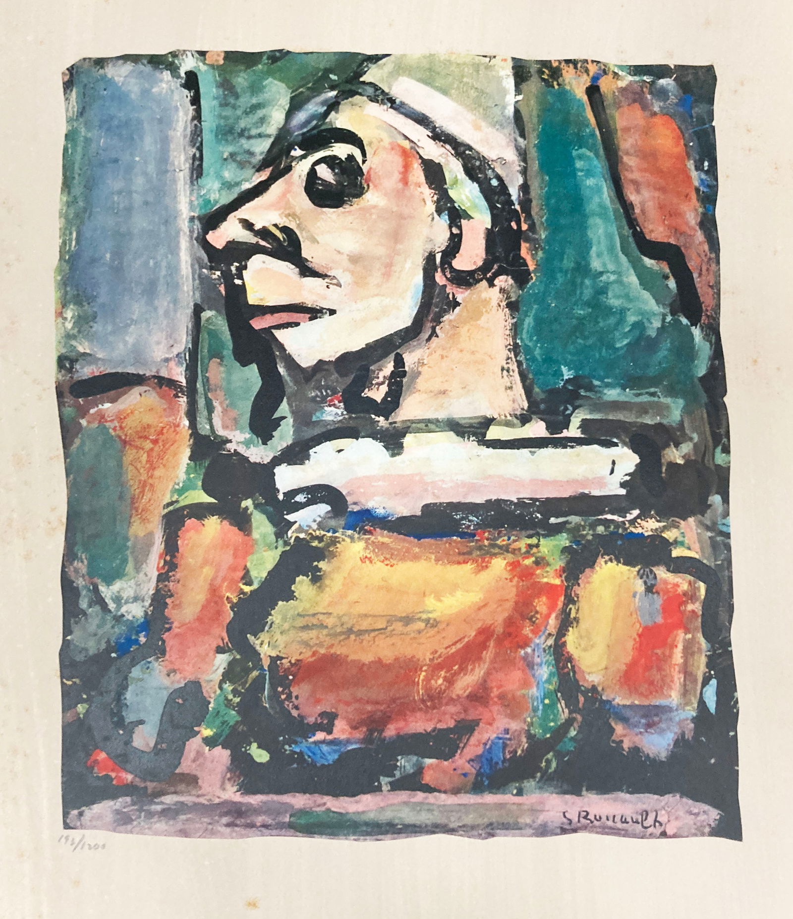 Georges Rouault - Le Moqueur: Artist: Georges RouaultTitle: Le MoqueurYear: 1943Dimensions: 17 x 12 1/2 in.Edition: From the rare limited edition of 1200Publisher: Revue VerveSuite: DivertissementMedium: Lithograph on arches