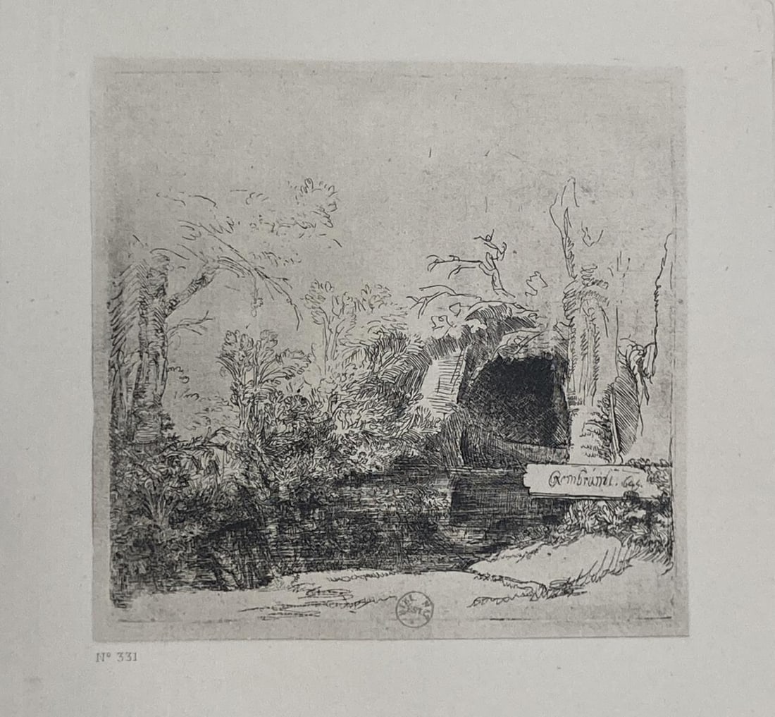 Rembrandt van Rijn - A Brook with a Grotto and a Boat (After): Artist: Rembrandt van RijnTitle: A Brook with a Grotto and a BoatYear: 1888Dimensions: 7in. by 7in.Edition: From the rare limited editonMedium: Original heliogravure on paperCondition: