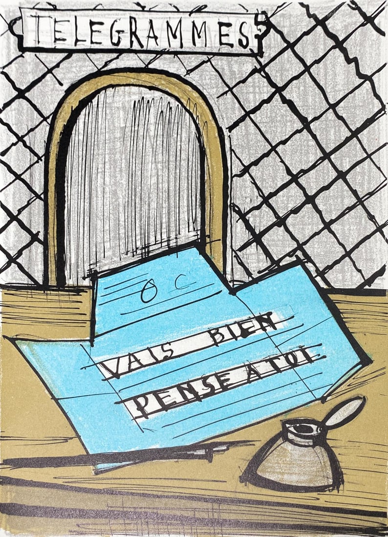 Bernard Buffet - Telegrammes: Artist: Bernard BuffetTitle: TelegrammesYear: 1979Dimensions: 10.5in. by 8.175in.Edition: From the Rare Limited EditionPublisher: Fernand Mourolot FranceMedium: Original lithograph on paperCondition: