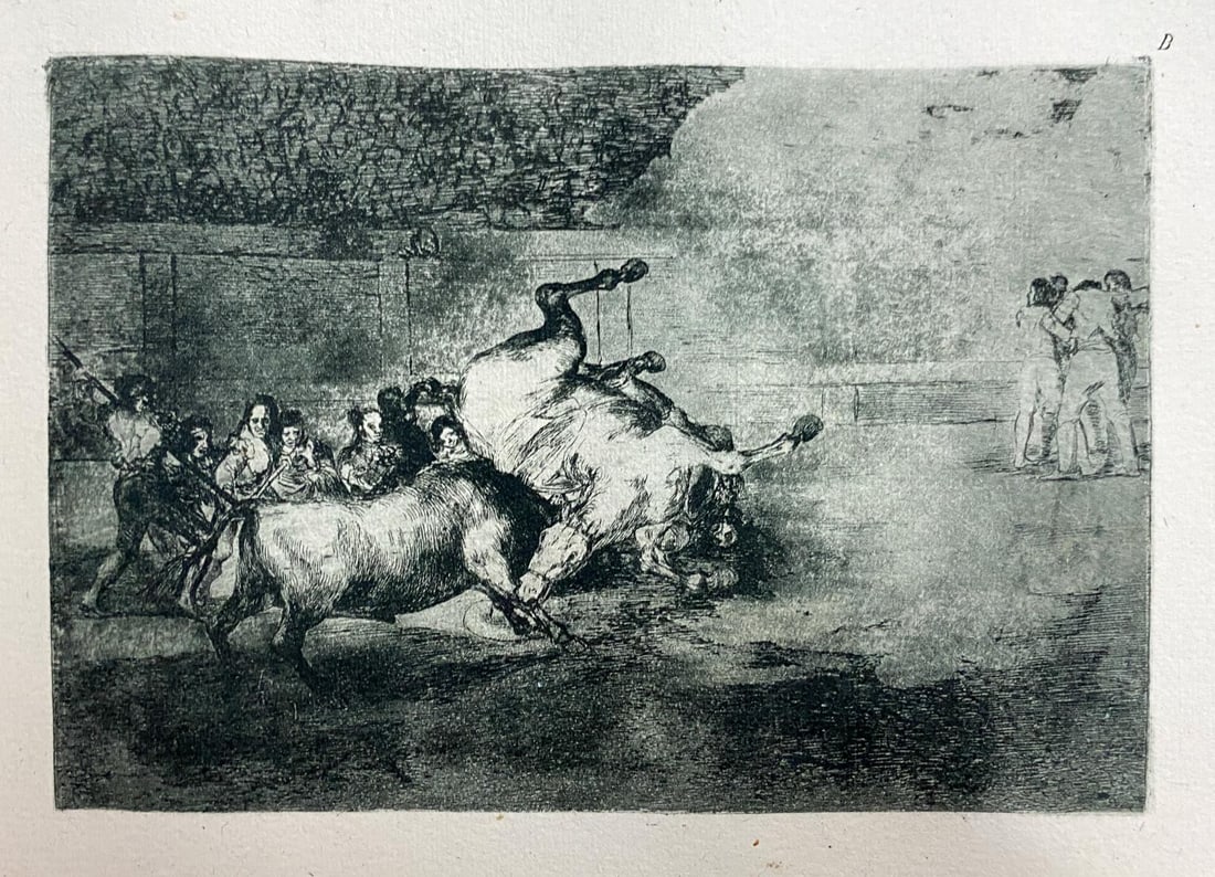 Francisco Goya - La Tauromaquia B: Artist: Francisco GoyaTitle: La Tauromaquia BYear: 1816Dimensions: 9.5in. by 6.75in.Edition: From the Rare Limited EditionSuite: La TauromaquiaMedium: Drypoint Intaglio Etching on PaperCondition: