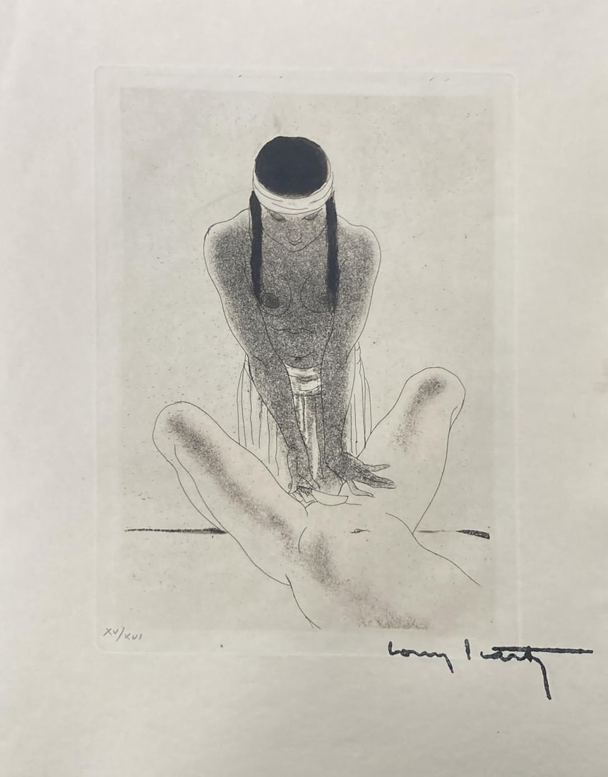 Louis Icart - A Well Placed Feather: Artist: Louis IcartTitle: A Well Placed FeatherYear: c. 1943Dimensions: 5.75in. by 5.75in.Edition: From the rare limited edition of XVI on Japon PaperPublisher: Le Vasseur et Cie. Paris.Suite: