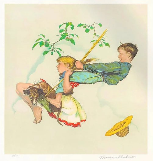 Norman Rockwell - Swinging: Artist: Norman RockwellTitle: SwingingYear: 1972Dimensions: 18 x 17 in.Edition: from the rare Limited Edition of 200Medium: Lithograph in colors on Vellin d'Arches paperCondition: ExcellentSignature