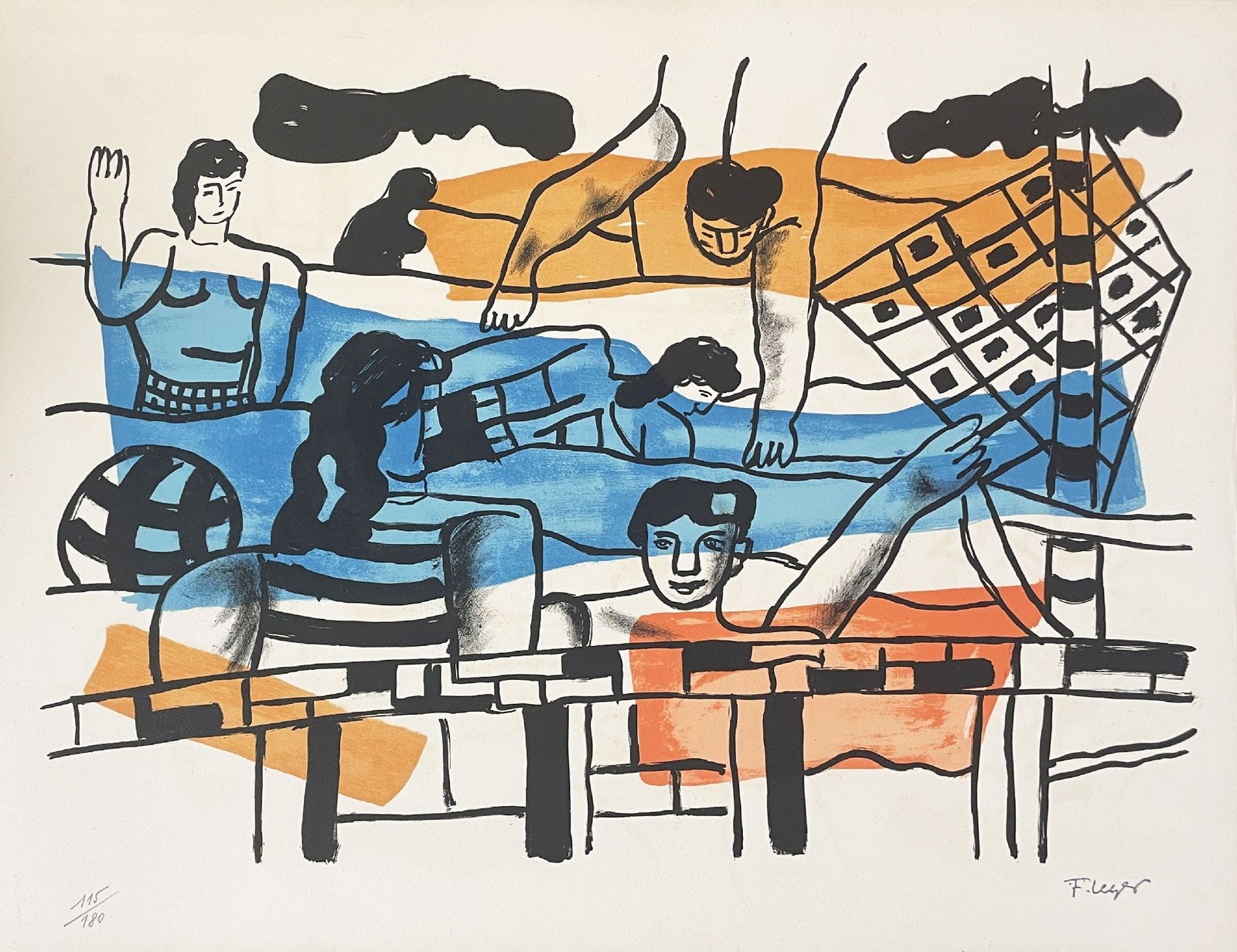 Fernand Leger - La Piscine: Artist: Fernand LegerTitle: La PiscineYear: 1959Dimensions: 19 3/4 x 25 3/4 in.Edition: Numbered from the rare limited edition of 180Publisher: Teriade, ParisSuite: La VilleOriginal lithograph in