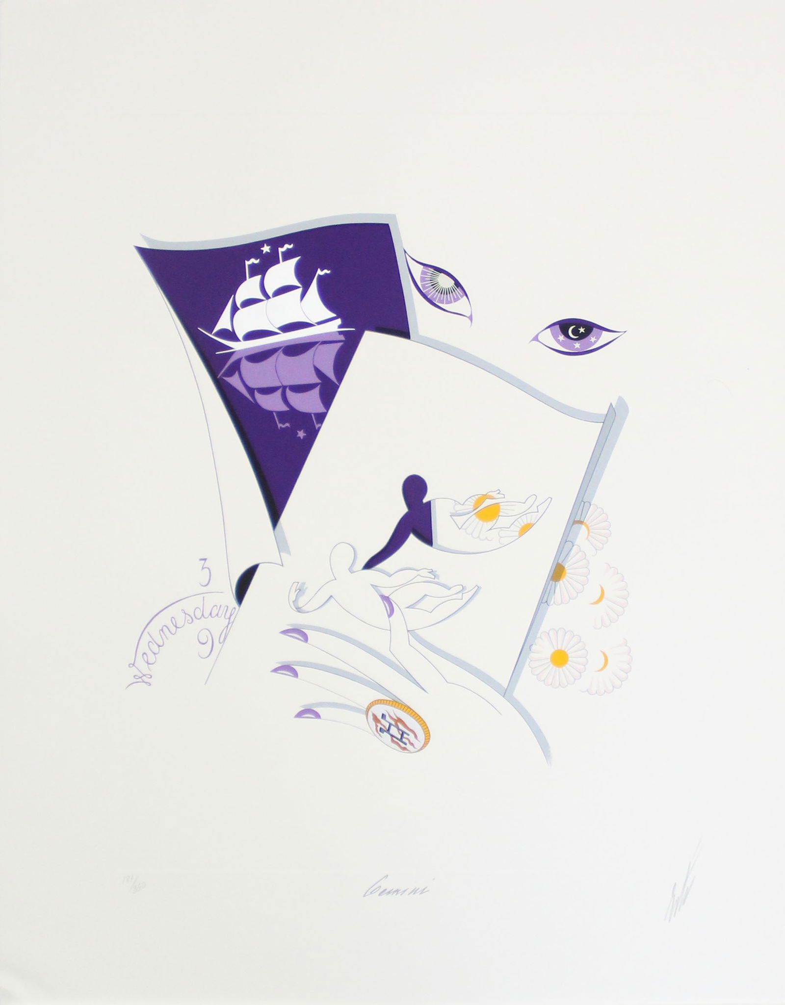 Erte - Gemini: Artist: ErteTitle: GeminiYear: 1982Dimensions: 25 1/2 x 20 in.Edition: From the rare limited editionPublisher: Chromacomp, IncSuite: The ZodiacMedium: Serigraph on paperCondition: ExcellentSignature