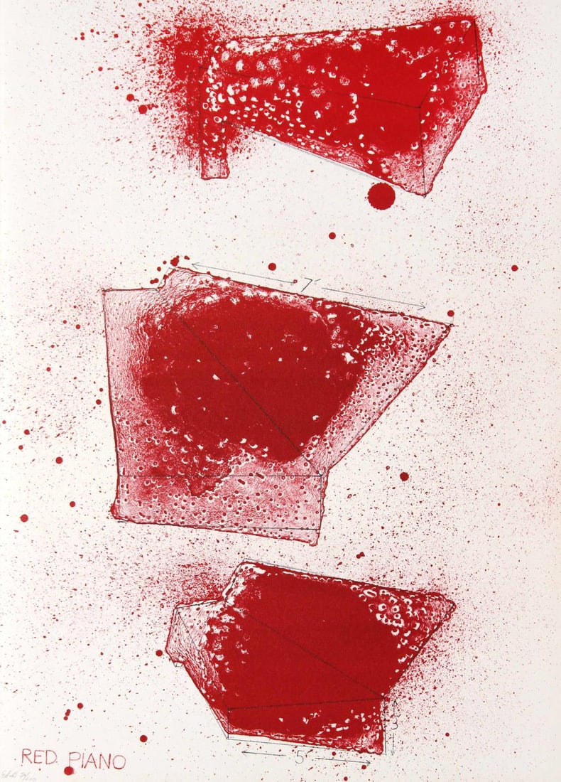 Jim Dine - Red Piano: Artist: Jim DineTitle: Red PianoYear: 1968Dimensions: 18in. by 12.75in.Edition: From the limited edition of 200 Publisher: Petersburg Press LondonSuite: The Picture of Dorian GrayMedium: Original