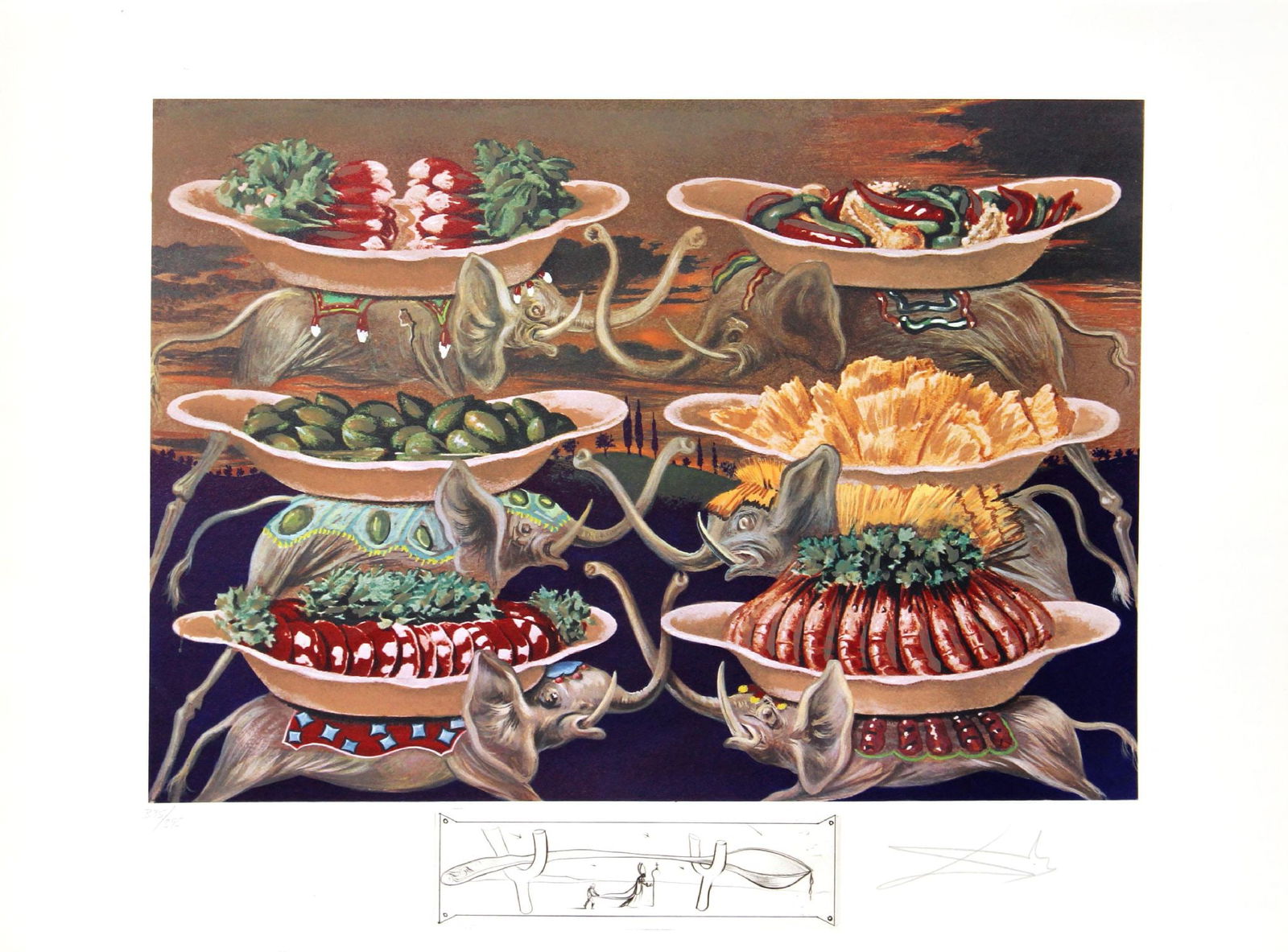 Salvador Dali - Little Martyr Delights: Artist: Salvador DaliTitle: Little Martyr DelightsYear: 1977Dimensions: 22 x 29 1/2 in.Edition: Rare Artist's Proof edition of 50Suite: Les Diners de GalaMedium: Color lithograph on Rives