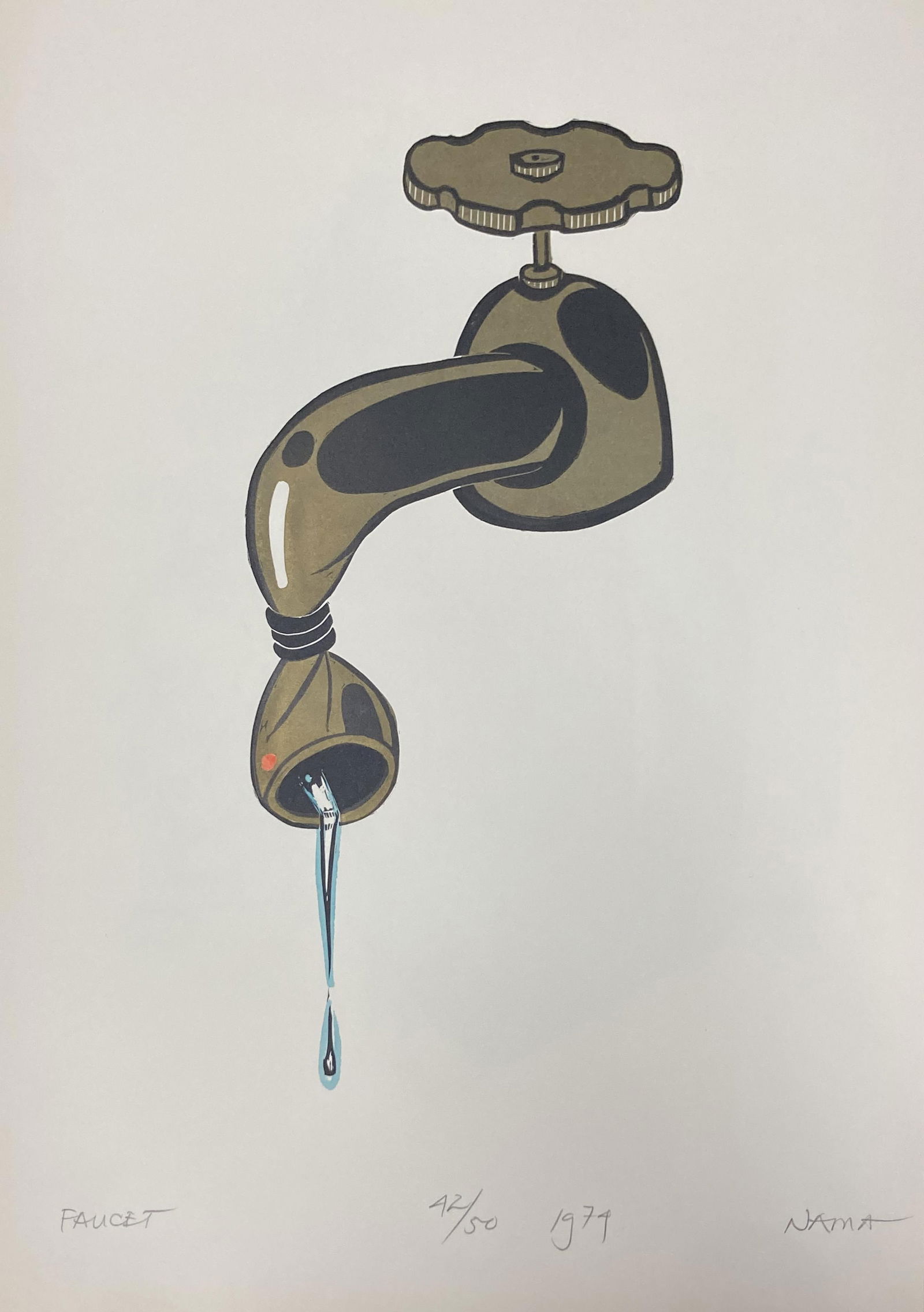 George Nama - Faucet: Artist: George NamaTitle: FaucetYear: 1974Dimensions: 19in. by 13 1/2in.Edition: From the rare limited edition of Publisher: Monument PressSuite: Tightrope Ten Lino-CutsMedium: Original Lino-cut in